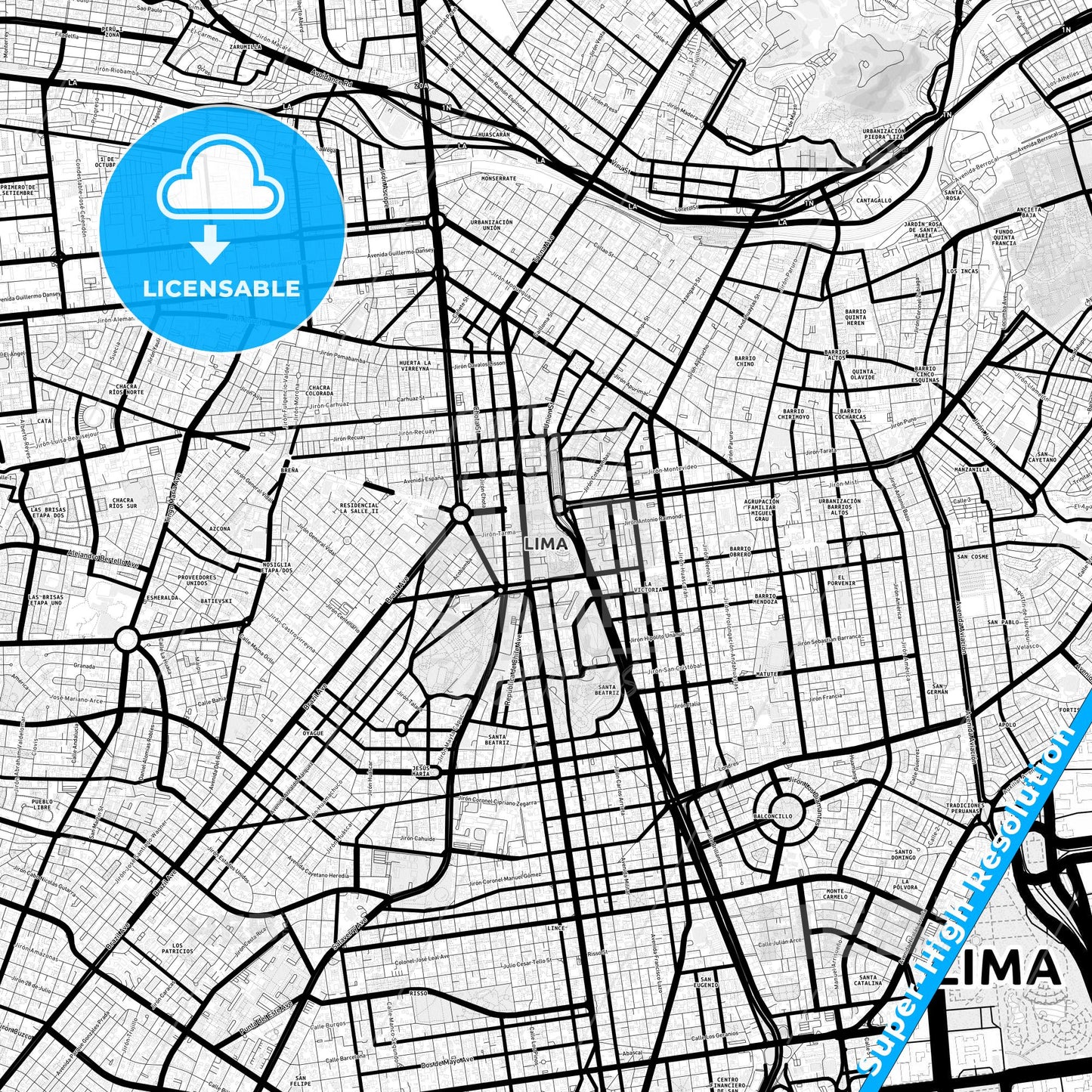 Lima, Peru Light Map with Street Names, City Names, and Districts
