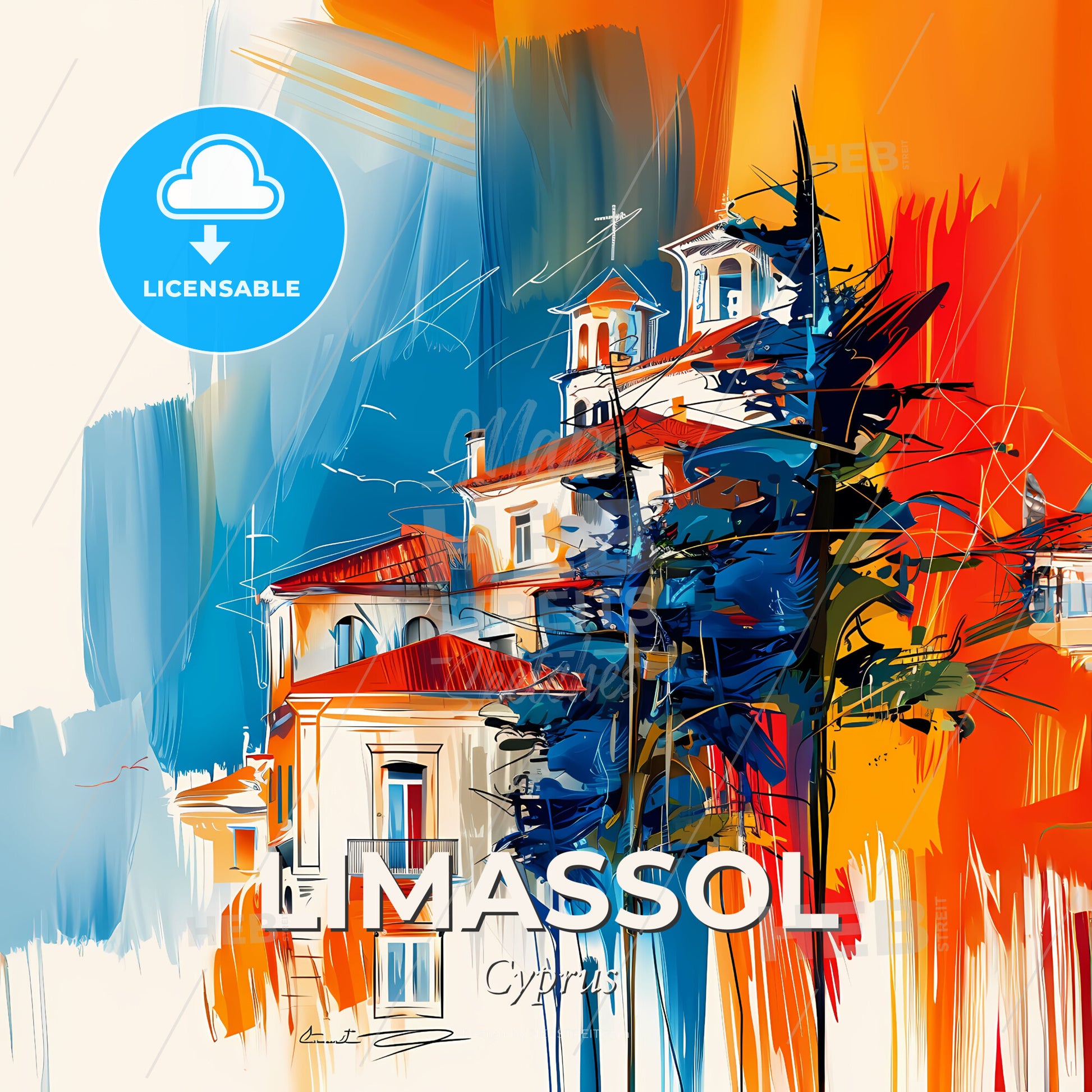 Vibrant Limassol  , Cyprus - A Painting Of A Building - Square format print template