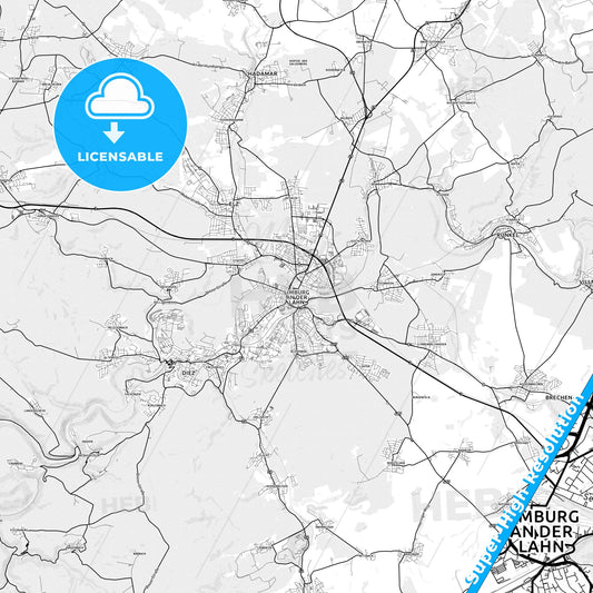 Limburg an der Lahn, Germany light map with streetnames, citynames and districts