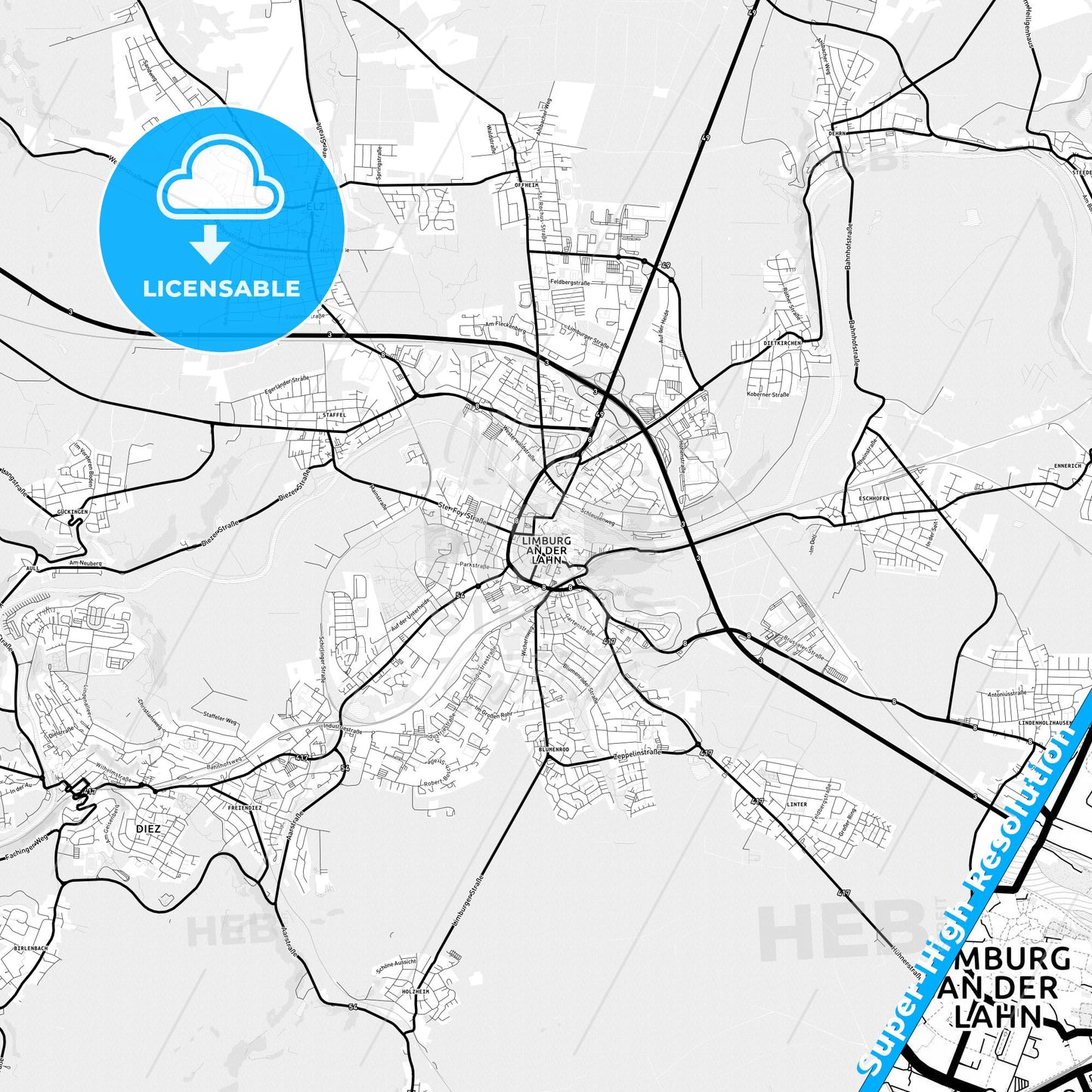 Limburg an der Lahn, Germany Light Map with Street Names, City Names, and Districts