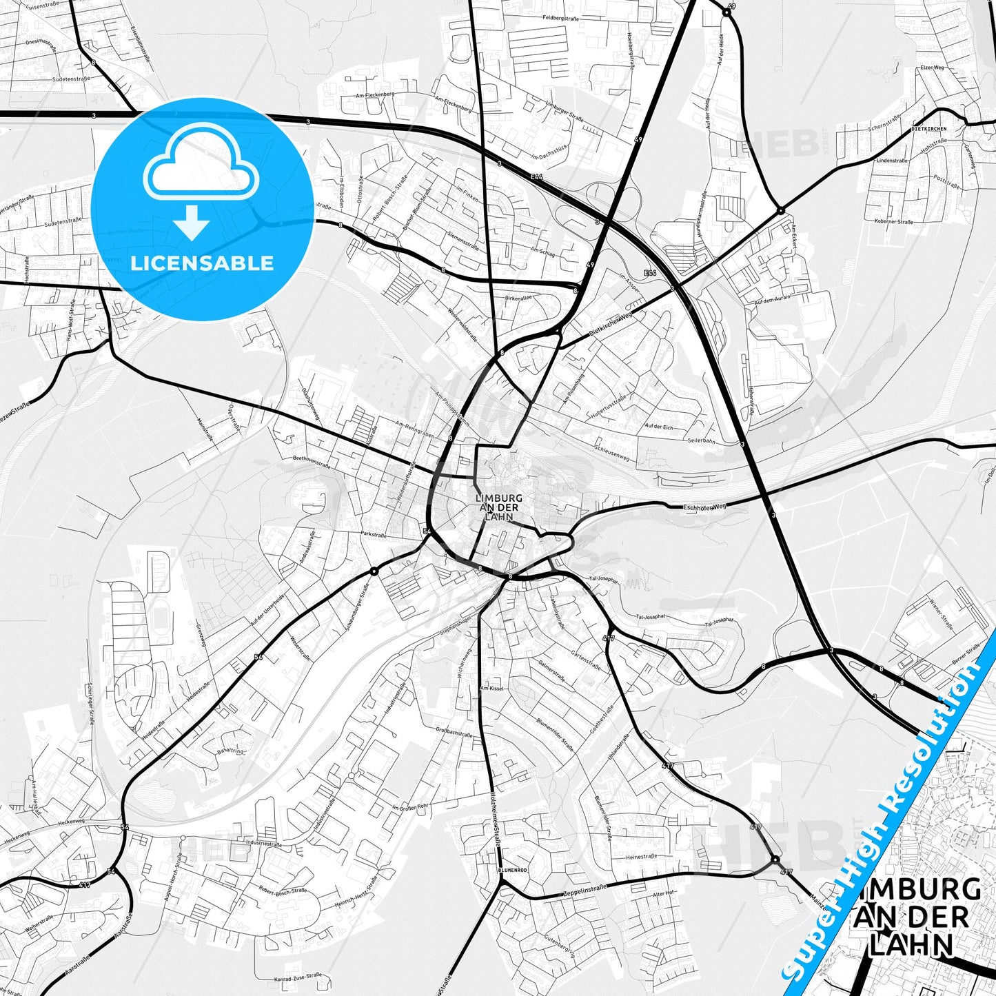 Limburg an der Lahn, Germany Light Map with Street Names, City Names, and Districts