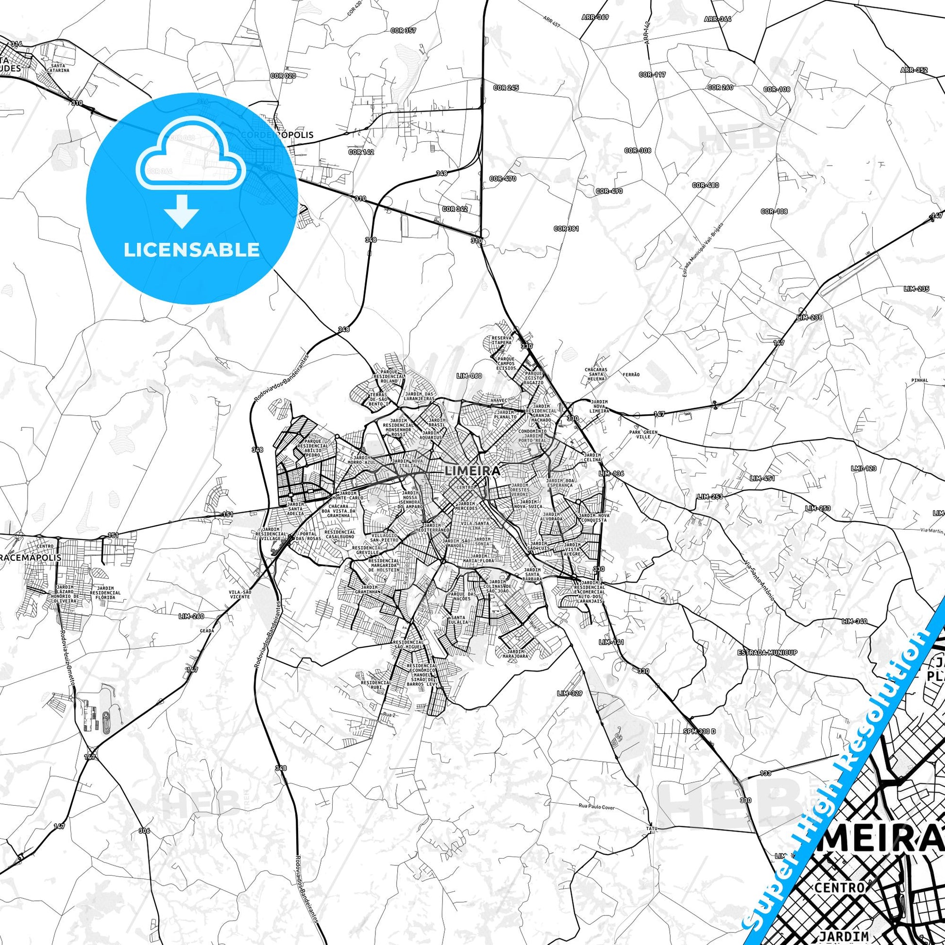 Limeira, Brazil light map with streetnames, citynames and districts