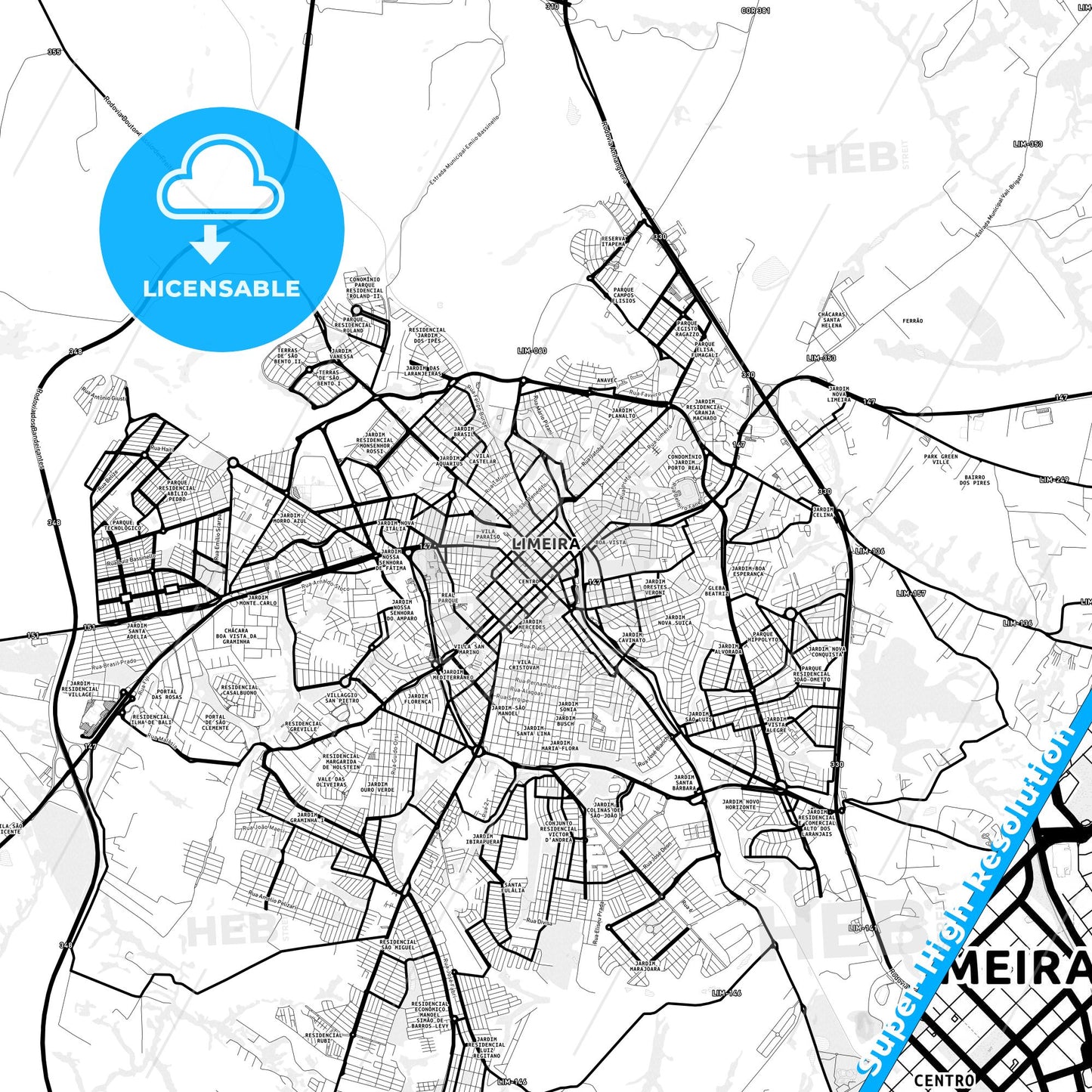 Limeira, Brazil Light Map with Street Names, City Names, and Districts