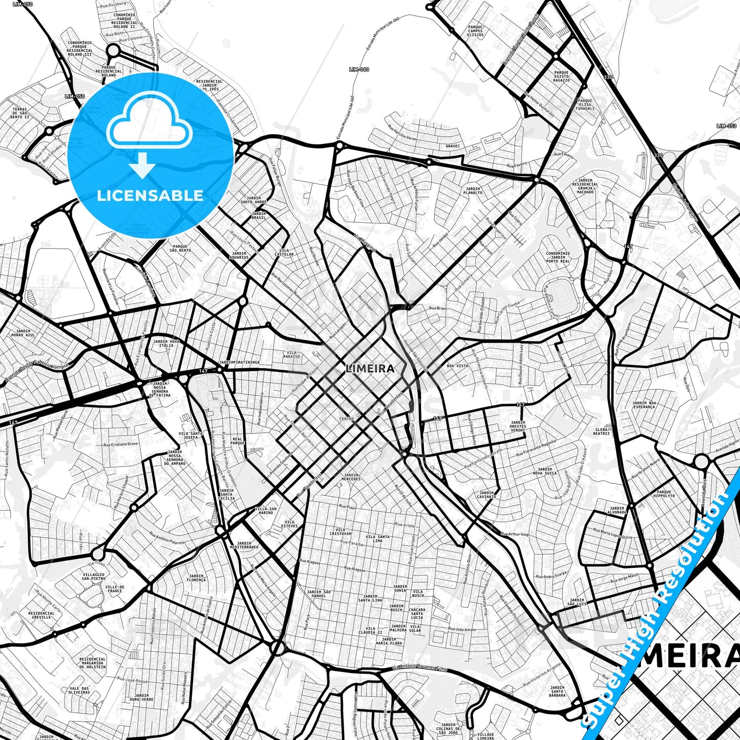 Limeira, Brazil Light Map with Street Names, City Names, and Districts