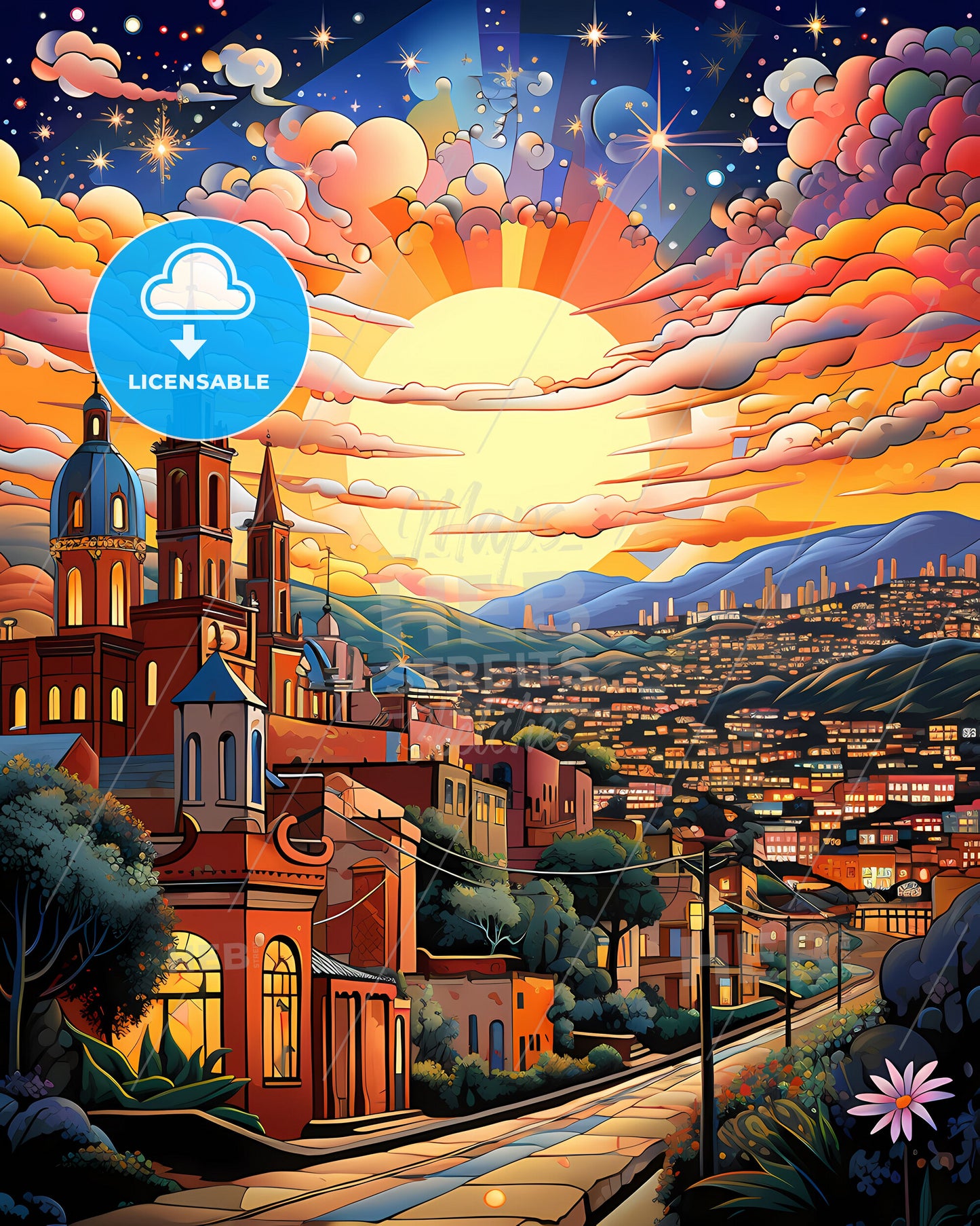 Limeira City Painting Skyline Colorful Sunset with Clouds Art