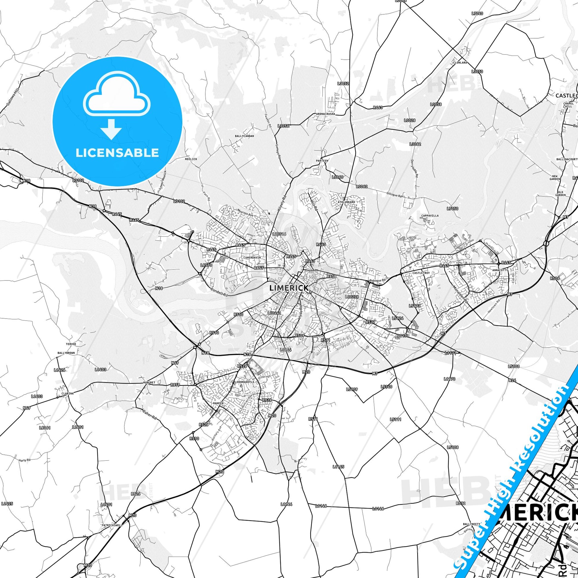 Limerick, Ireland light map with streetnames, citynames and districts