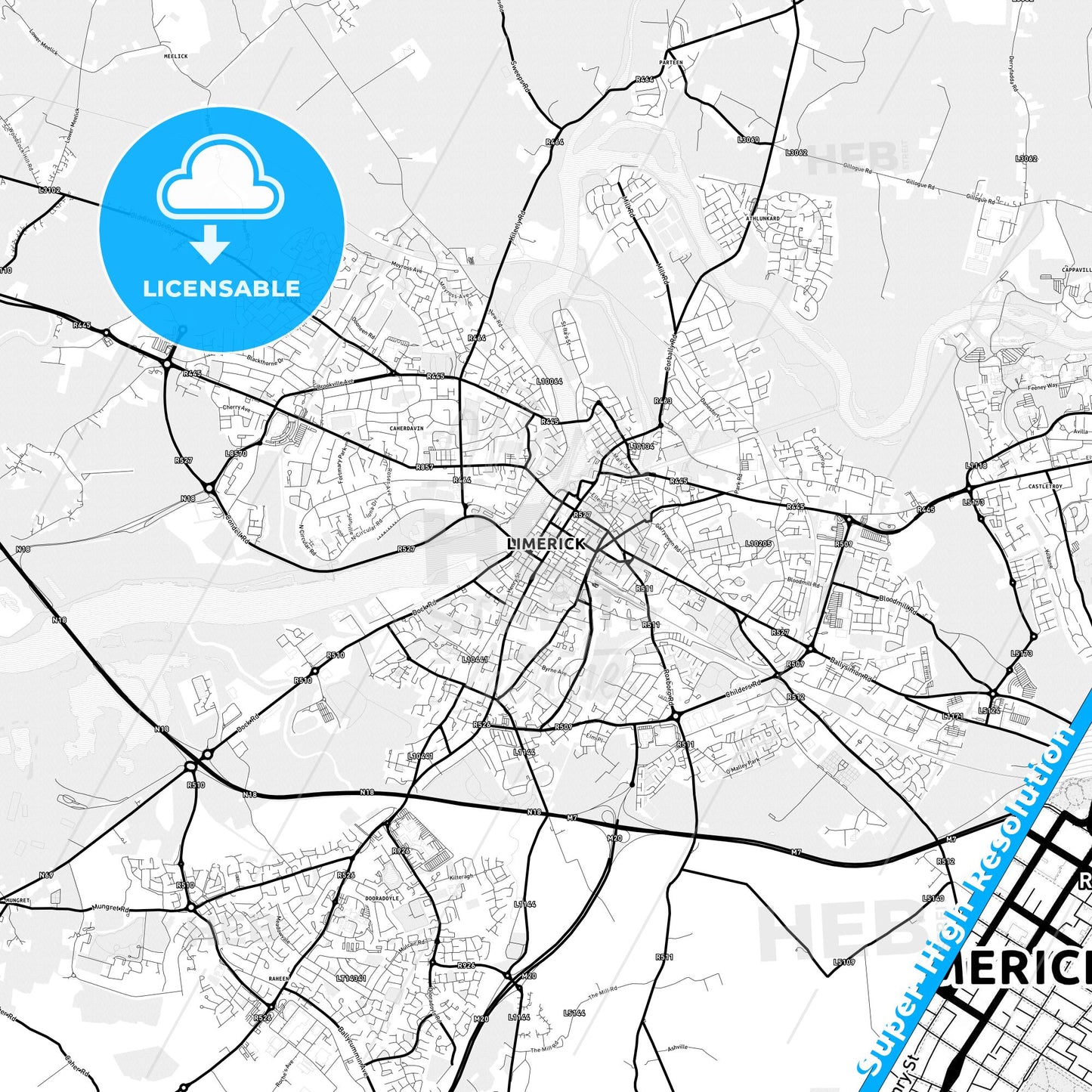 Limerick, Ireland Light Map with Street Names, City Names, and Districts