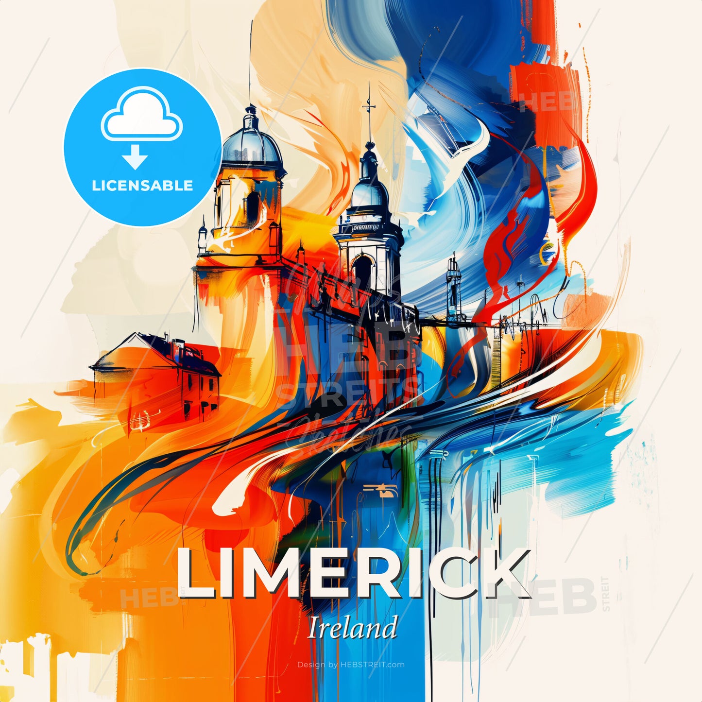 Vibrant Limerick, Ireland - A Painting Of A Building With A Bridge And Towers - Square format print template