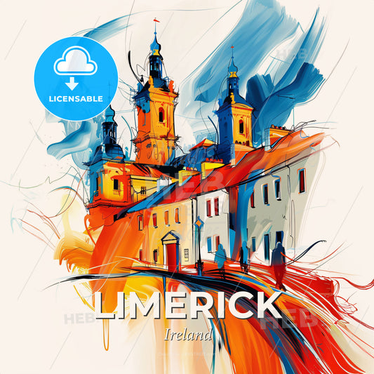 Vibrant Limerick, Ireland - A Painting Of A Building With Towers And A Colorful Splash - Square format print template
