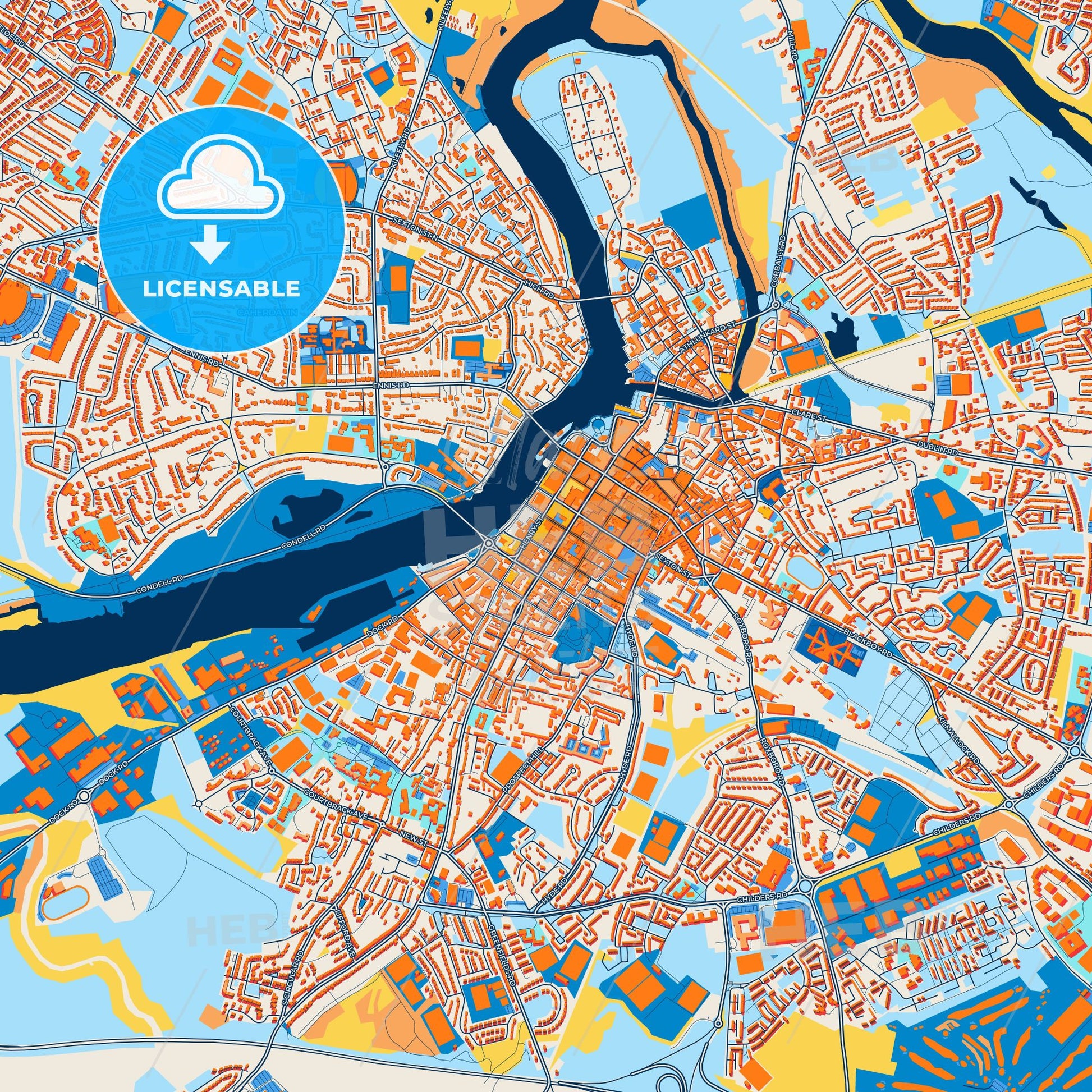 Colorful Limerick Street Map with Labels and Buildings