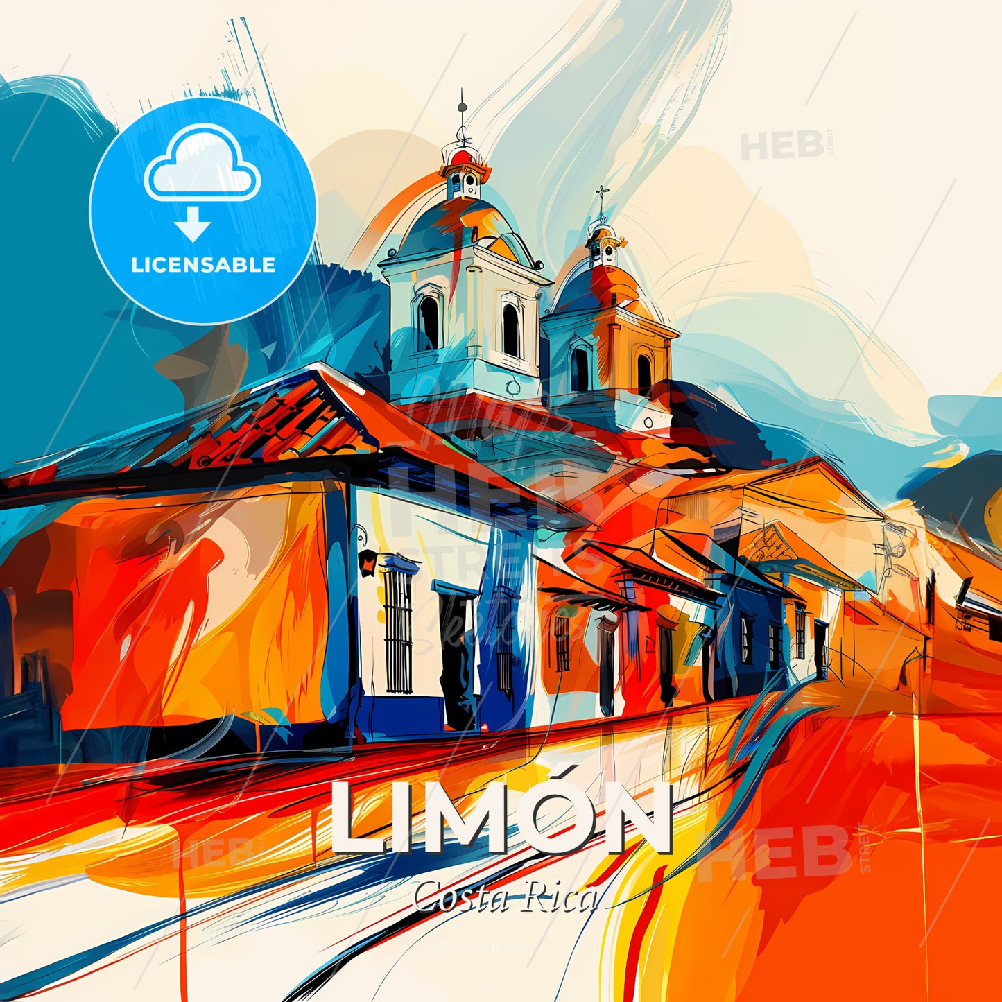 Vibrant Limón, Costa Rica - A Colorful Painting Of A Church - Square format print template