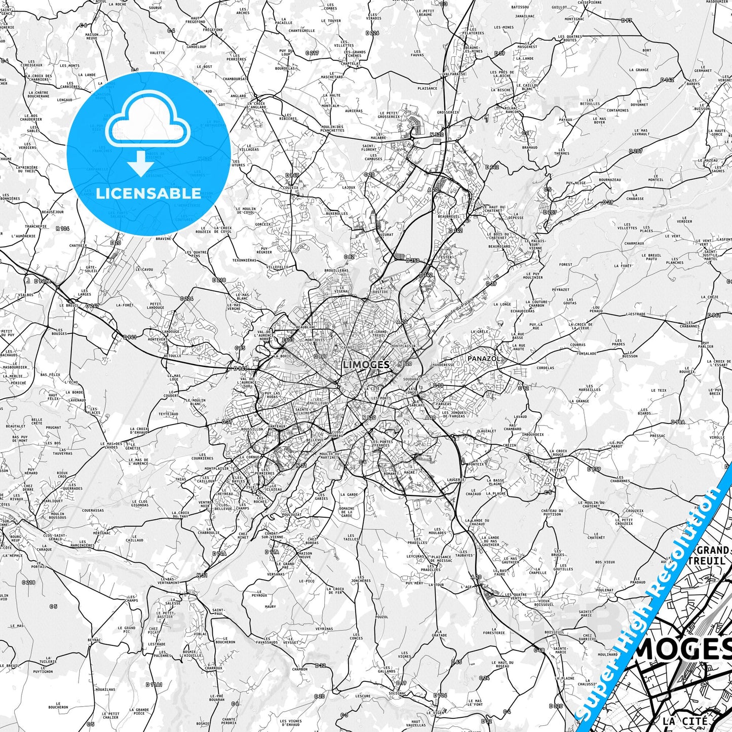 Limoges, France light map with streetnames, citynames and districts