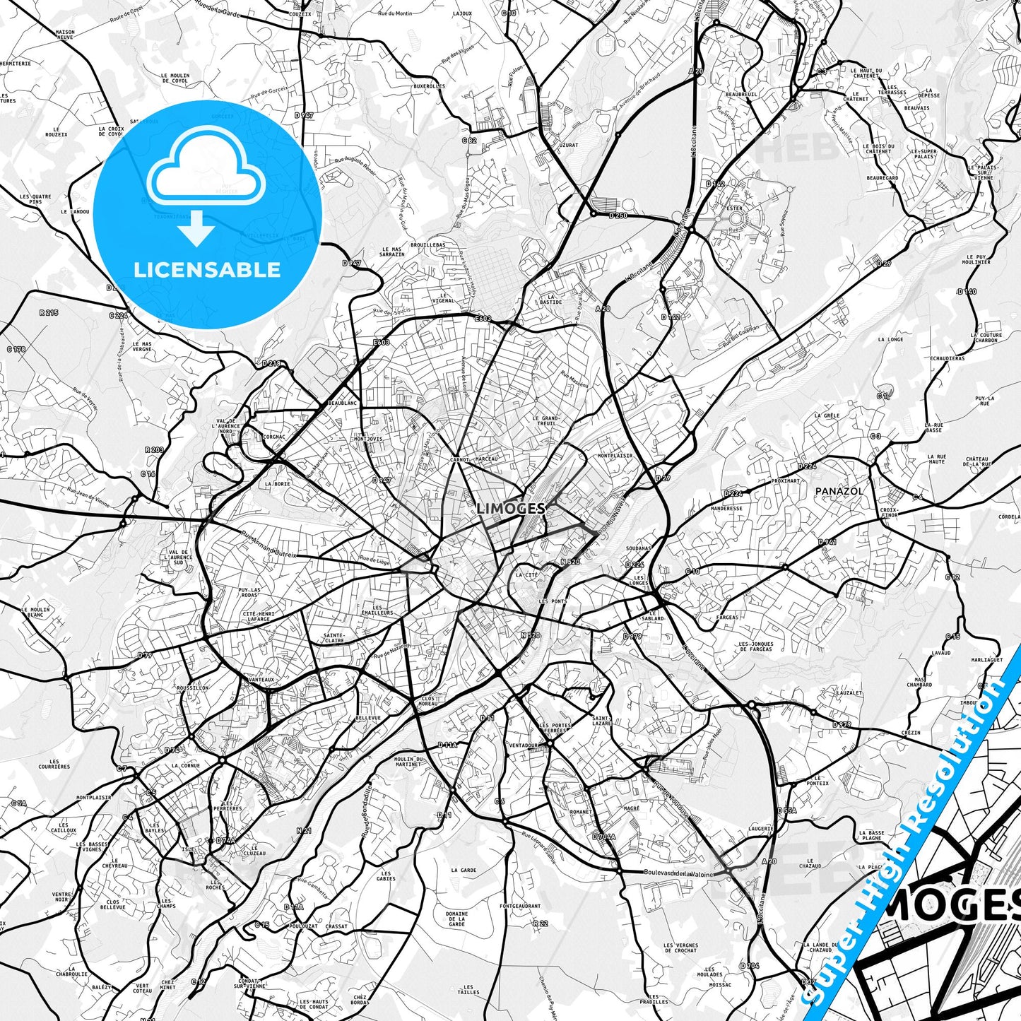 Limoges, France Light Map with Street Names, City Names, and Districts