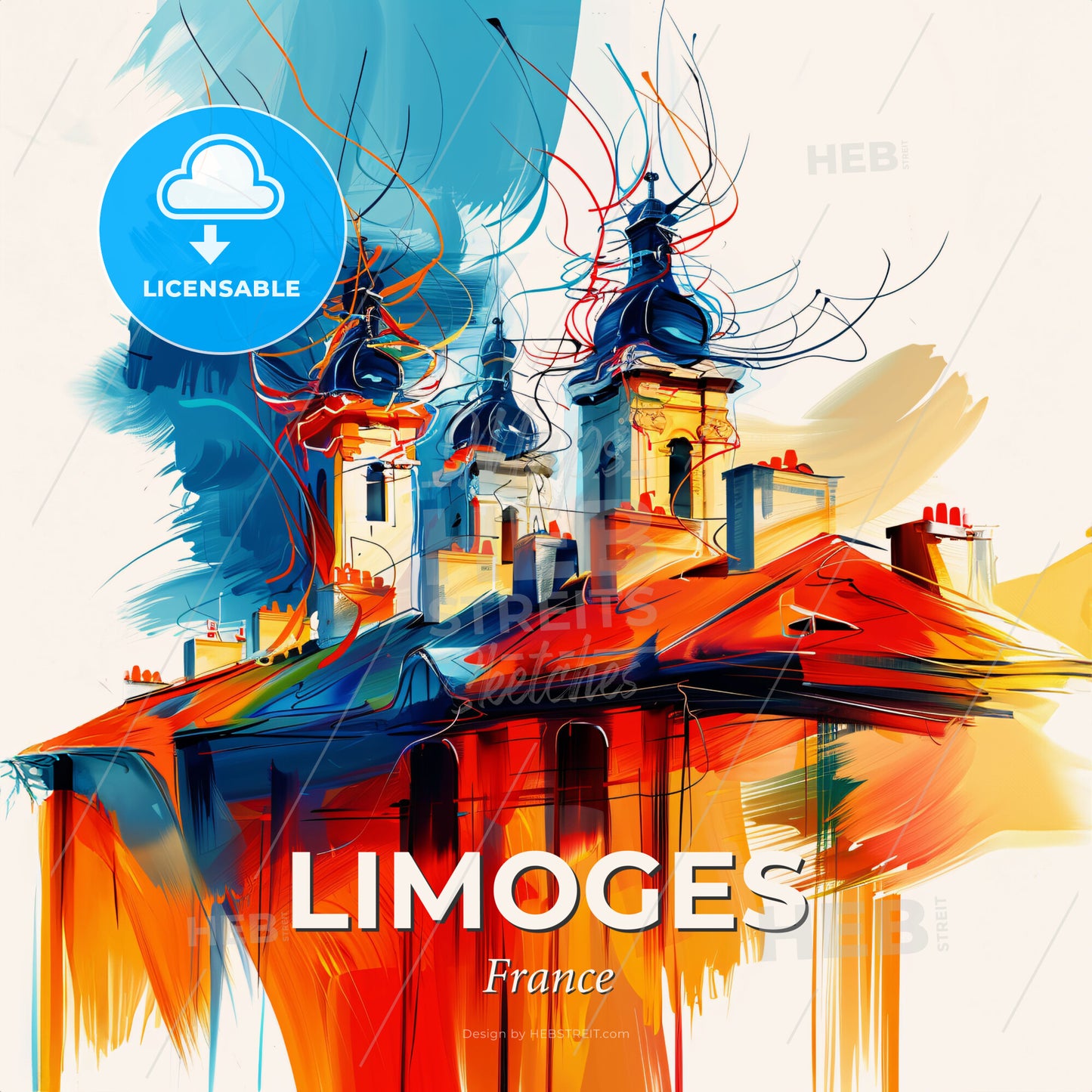 Vibrant Limoges, France - A Painting Of A Building With Towers And A Blue Sky - Square format print template
