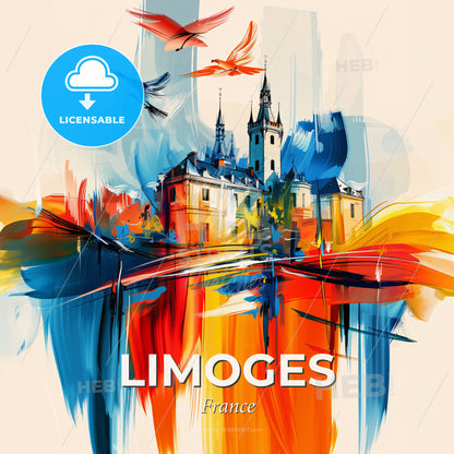 Vibrant Limoges, France - A Painting Of A Castle With Birds Flying - Square format print template
