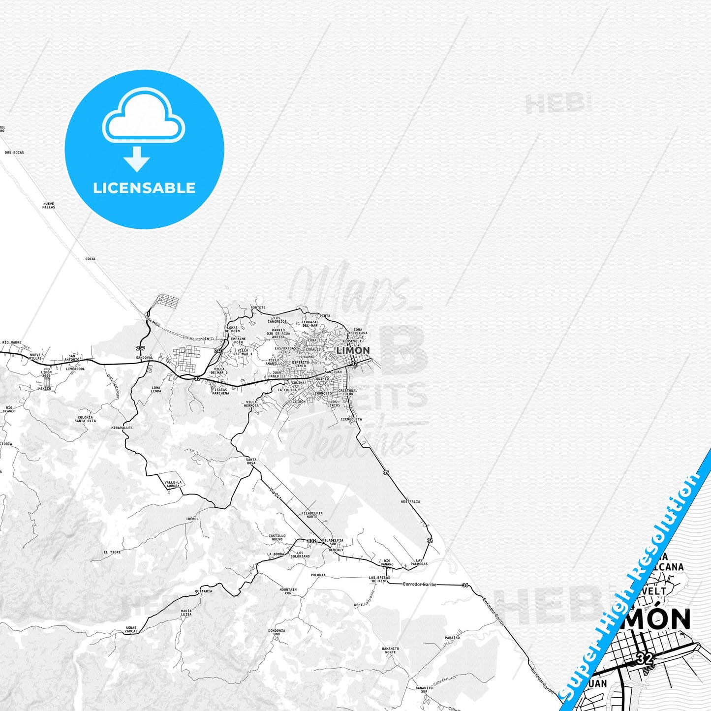 Limón, Costa Rica light map with streetnames, citynames and districts