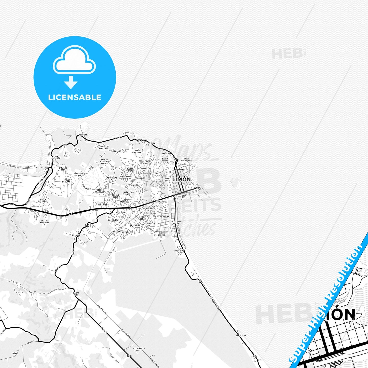 Limón, Costa Rica Light Map with Street Names, City Names, and Districts