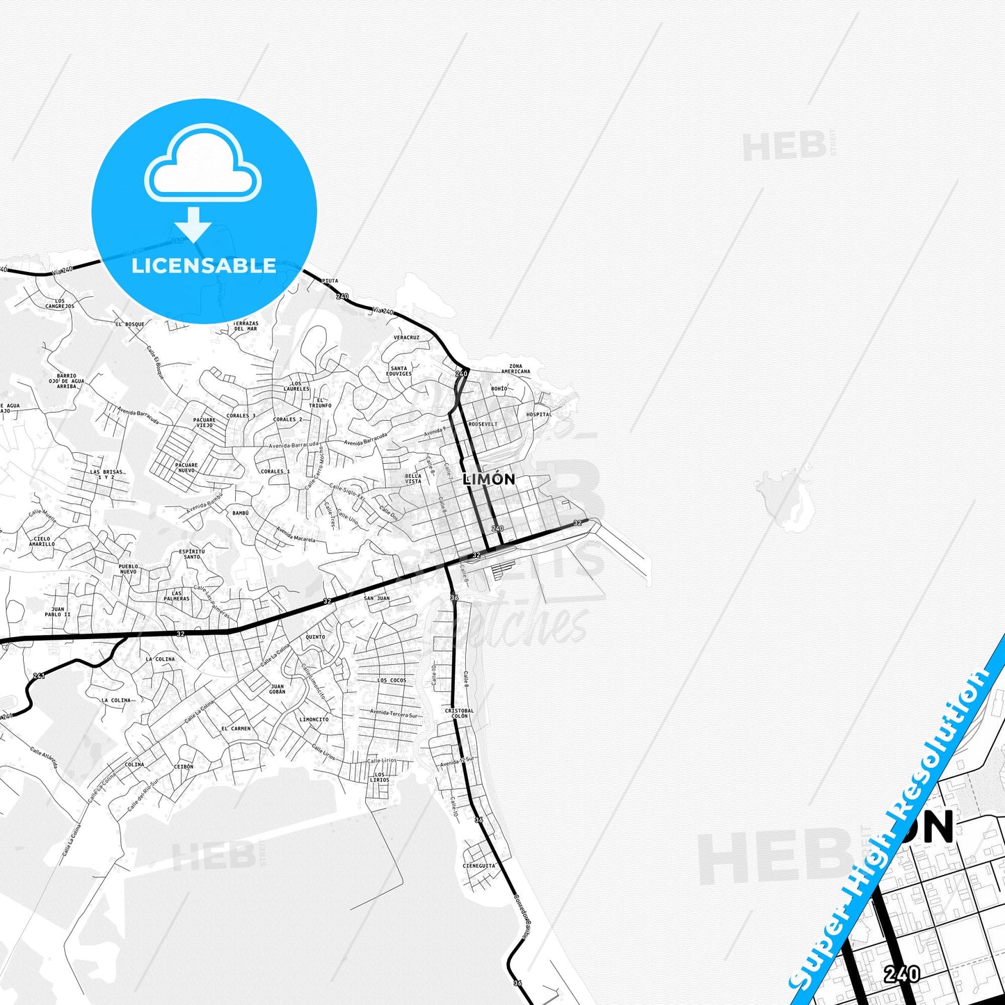 Limón, Costa Rica Light Map with Street Names, City Names, and Districts