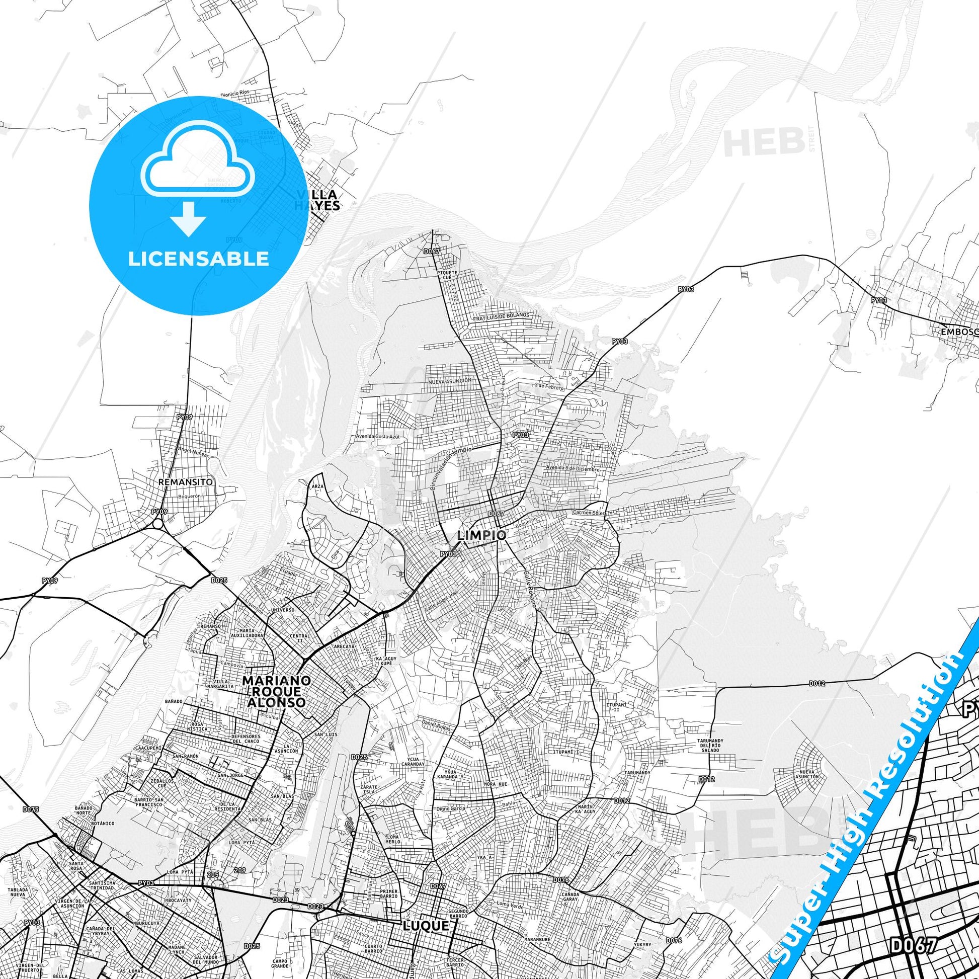 Limpio, Paraguay light map with streetnames, citynames and districts