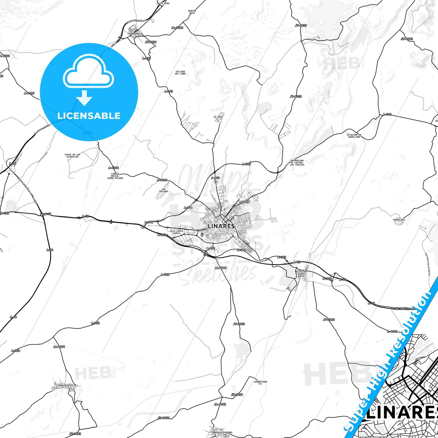 Linares, Spain light map with streetnames, citynames and districts