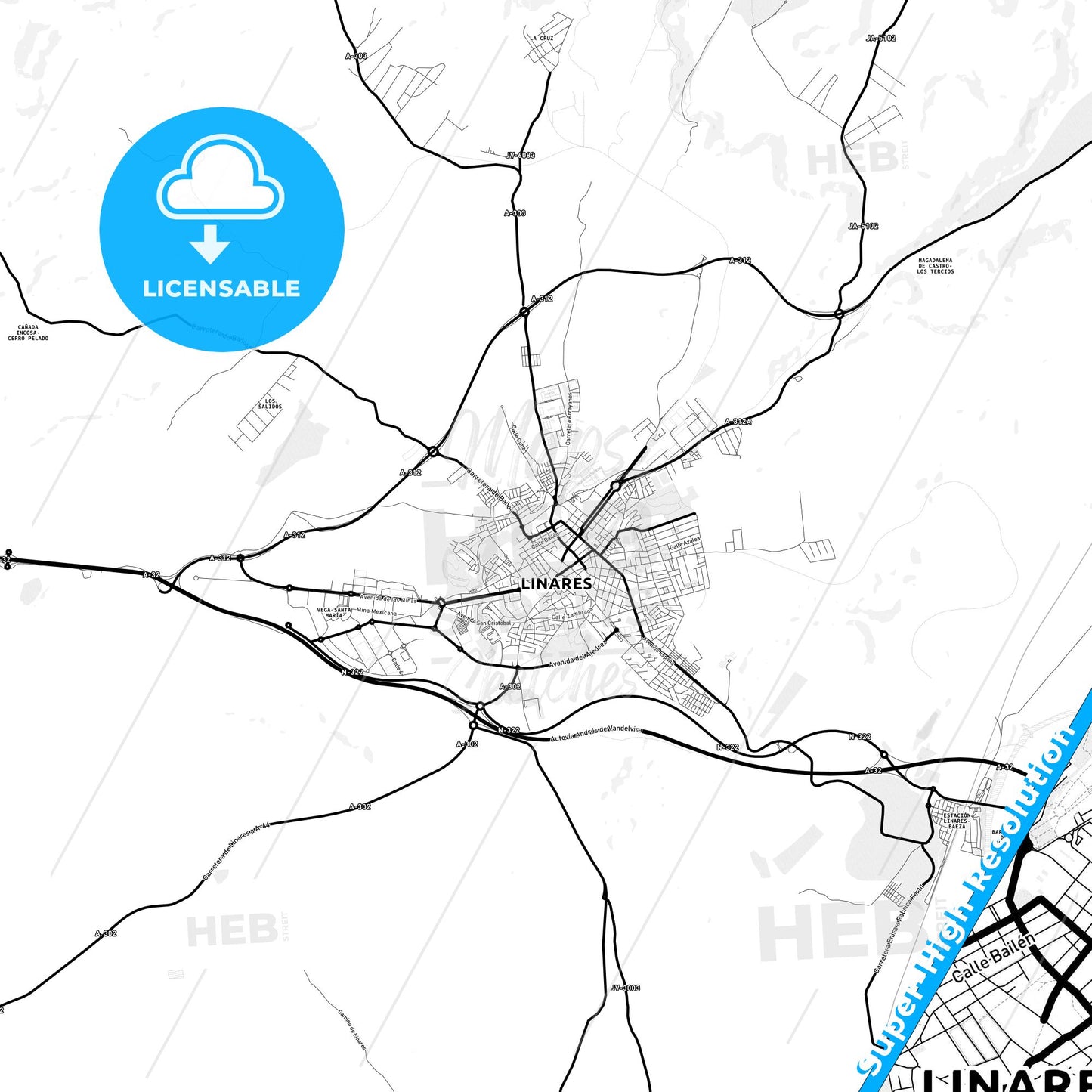 Linares, Spain Light Map with Street Names, City Names, and Districts
