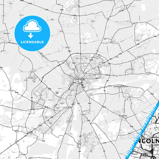 Lincoln, England light map with streetnames, citynames and districts