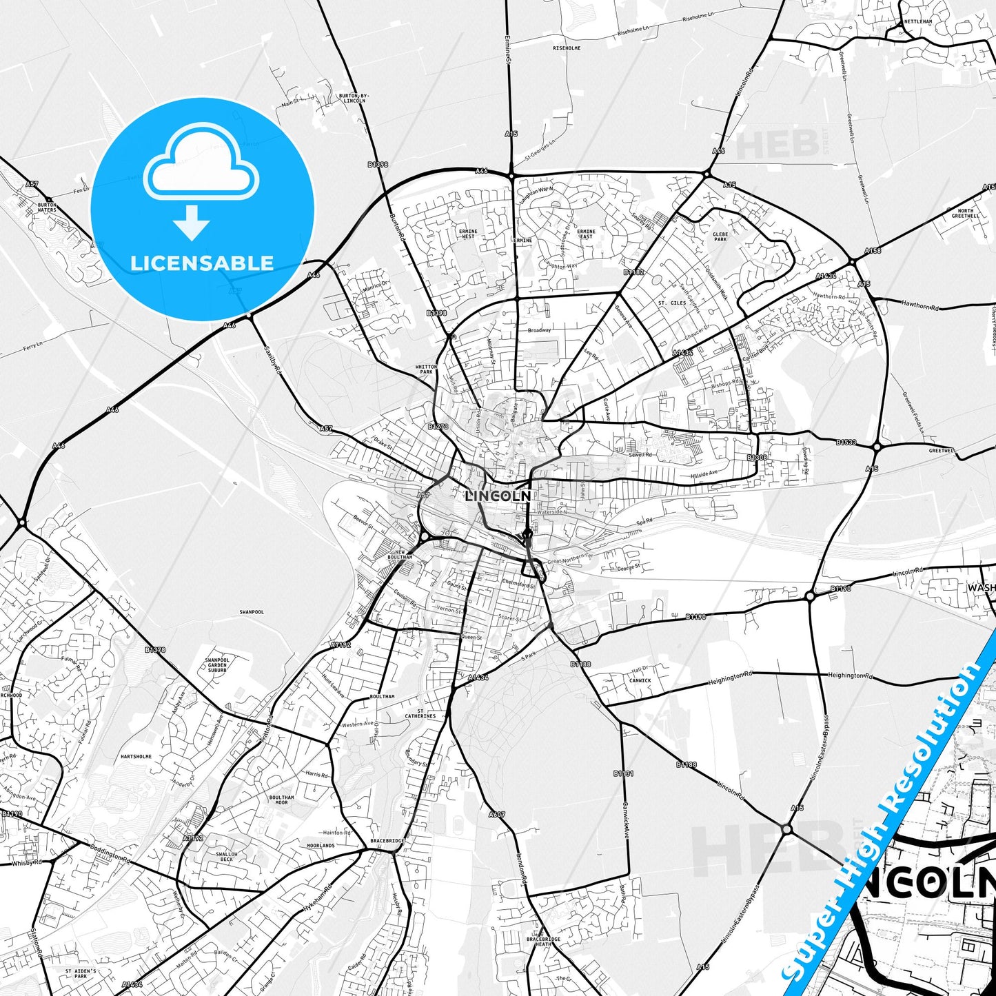 Lincoln, England Light Map with Street Names, City Names, and Districts