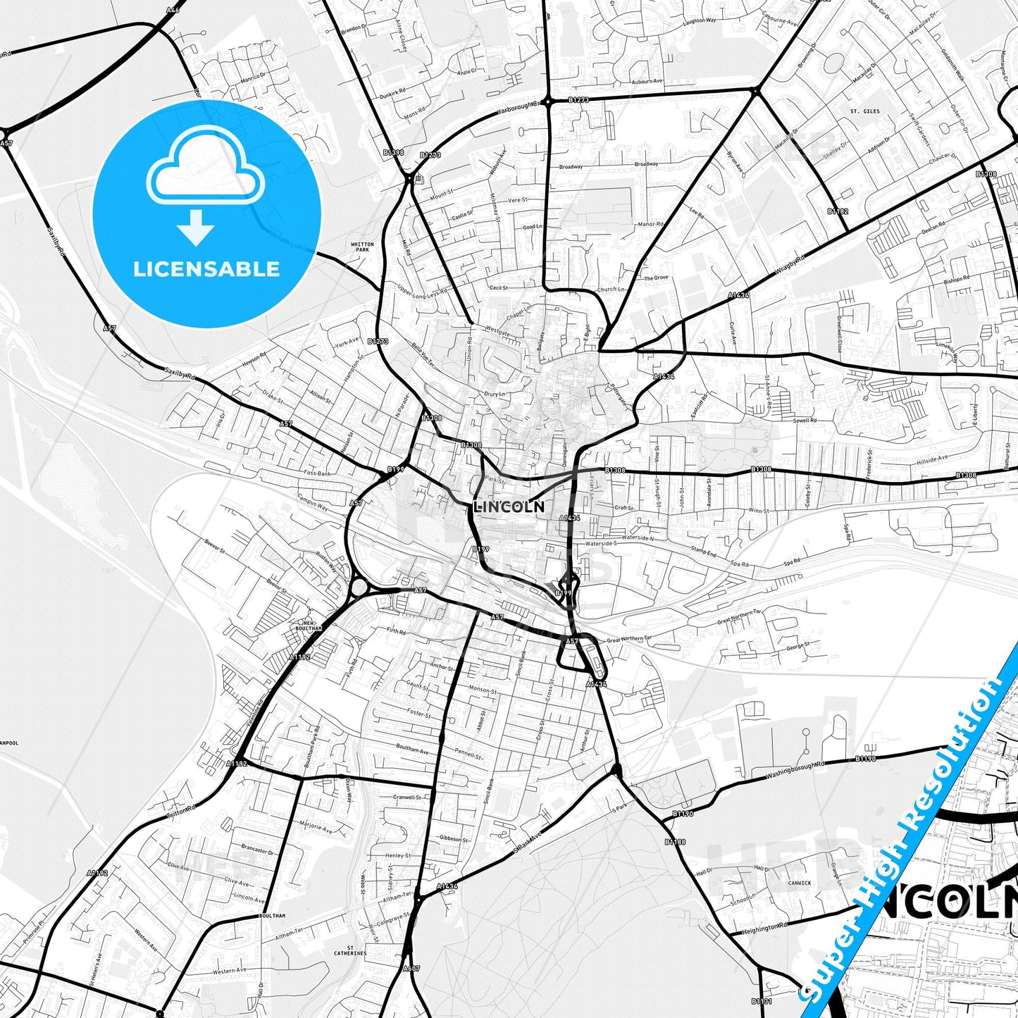 Lincoln, England Light Map with Street Names, City Names, and Districts