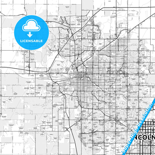 Lincoln, Nebraska light map with streetnames, citynames and districts