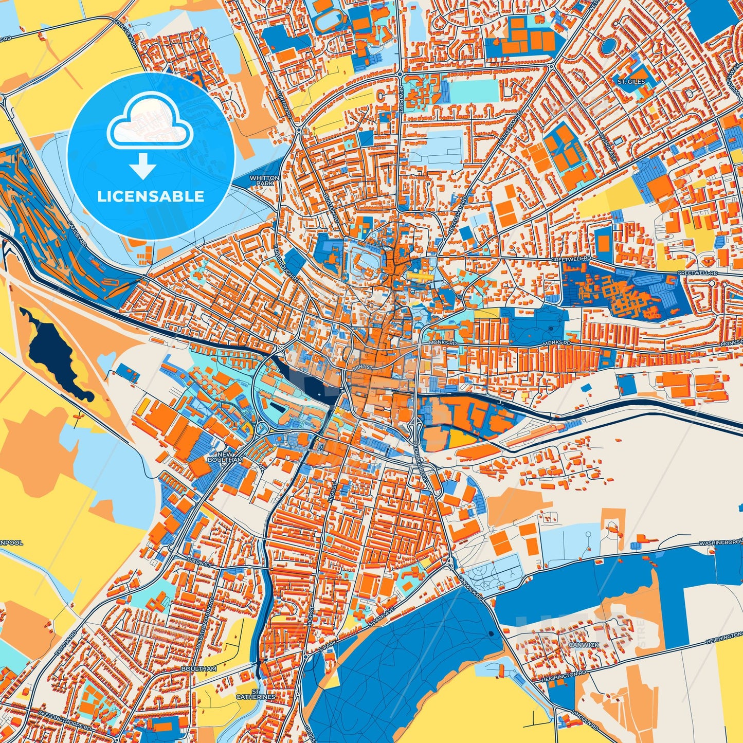 Colorful Lincoln Street Map with Labels and Buildings
