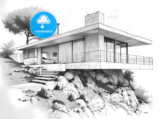 Midcentury Modern Cottage Line Drawing on a Hill: Vibrant Black and White Perspective House Art