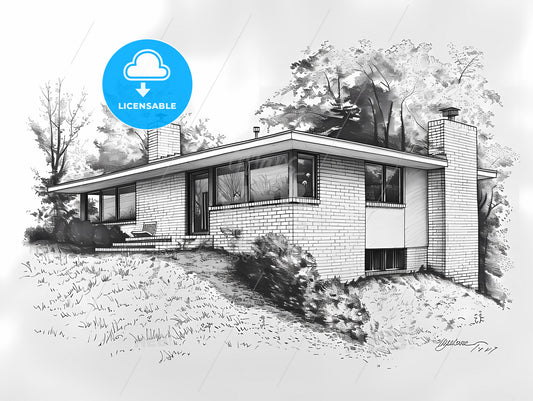 Midcentury Modern Black and White Cottage House Painting on a Hill, Perspective, Vibrant Art