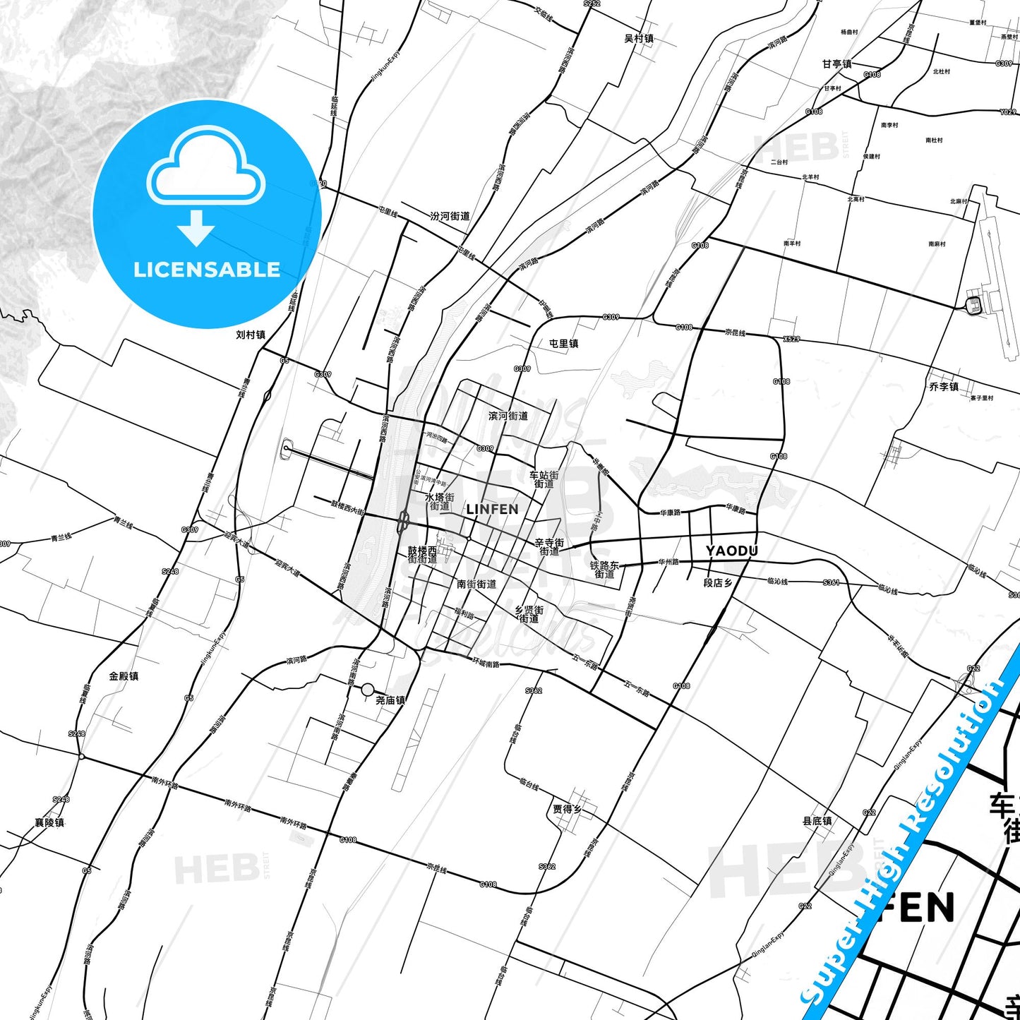 Linfen, China light map with streetnames, citynames and districts