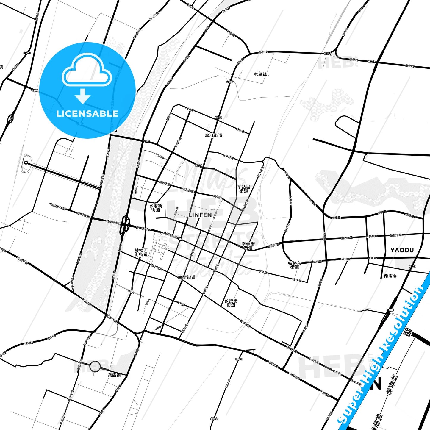 Linfen, China Light Map with Street Names, City Names, and Districts