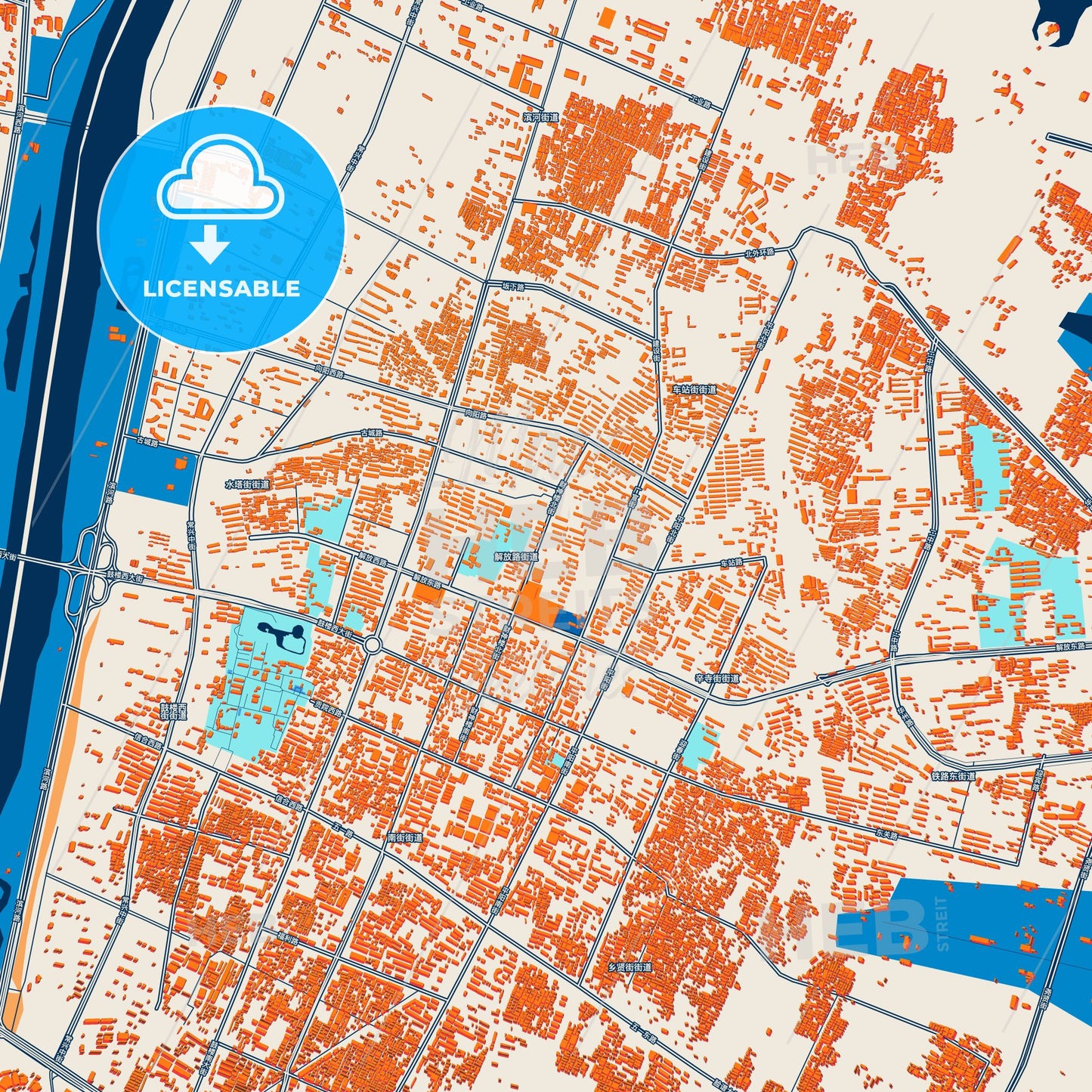 Colorful Linfen Street Map with Labels and Buildings