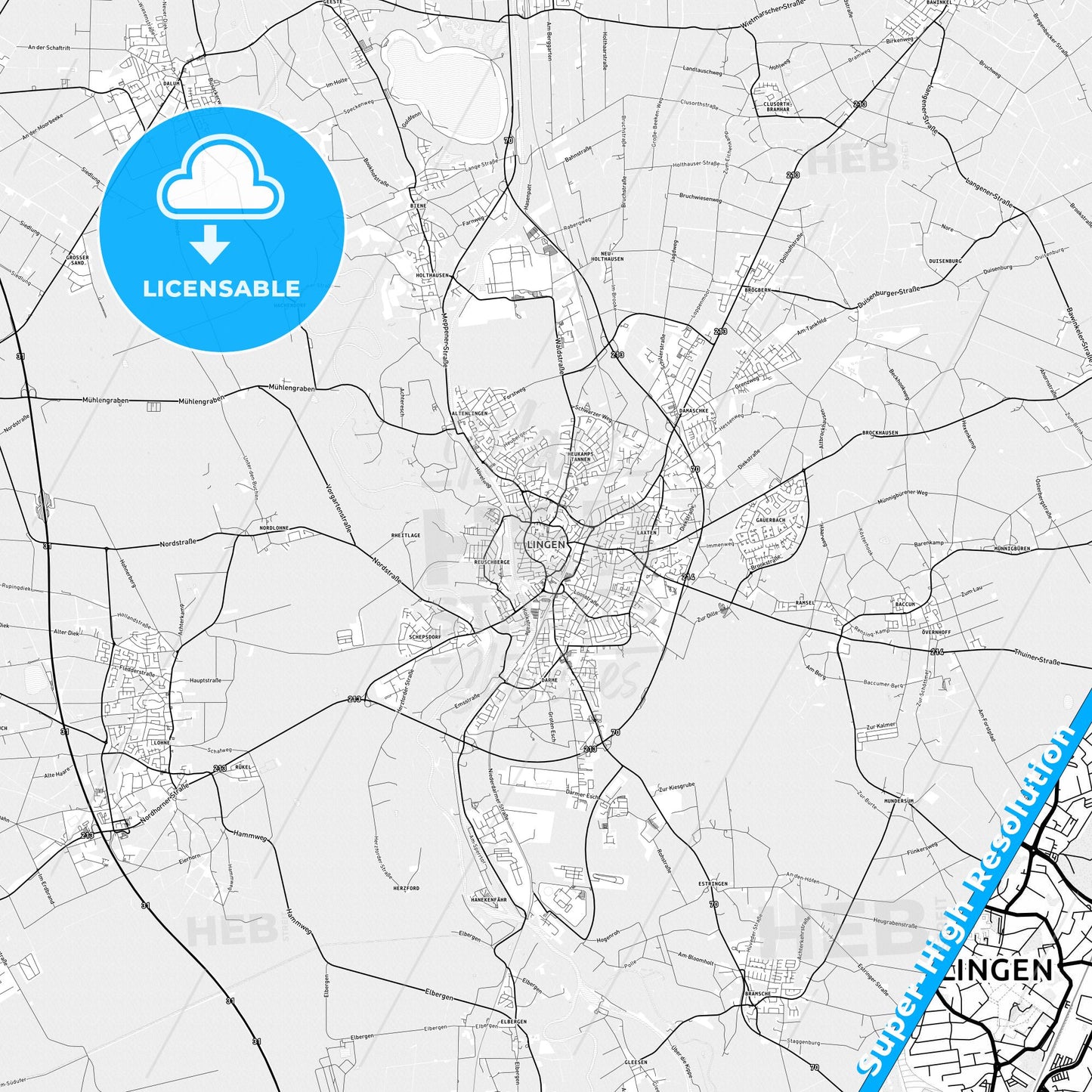 Lingen (Ems), Germany light map with streetnames, citynames and districts