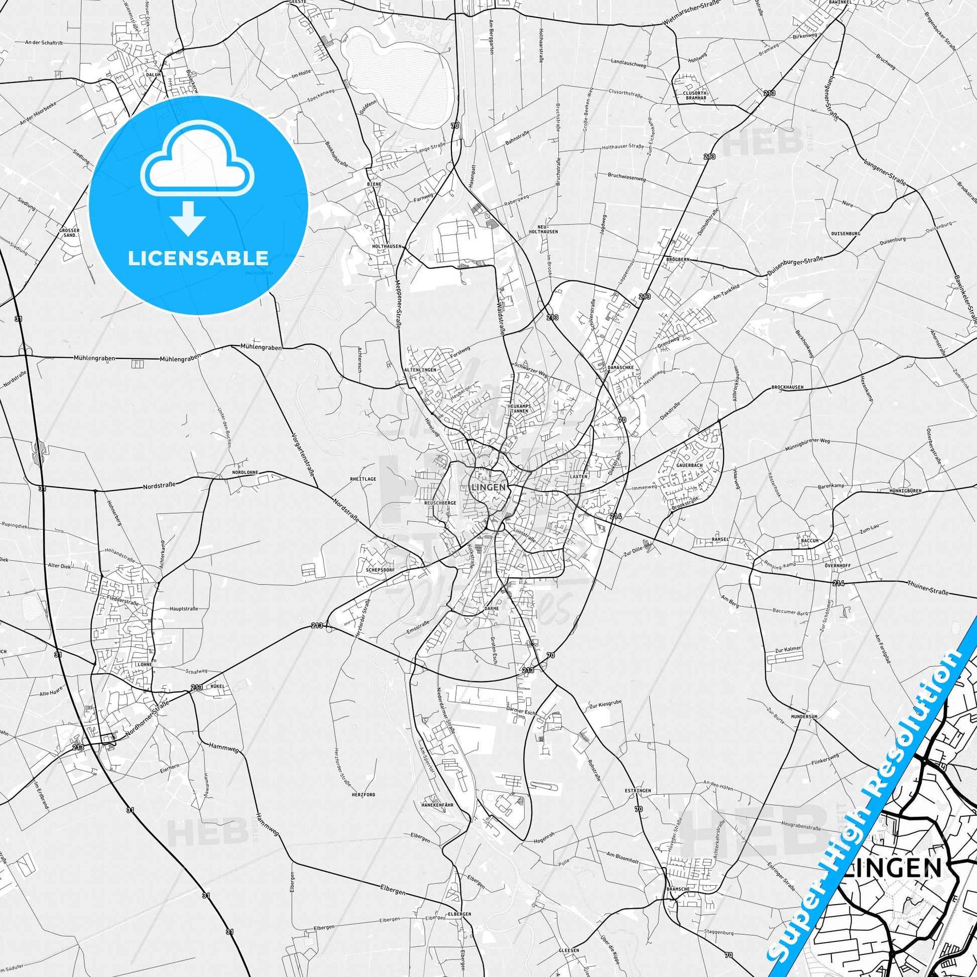 Lingen (Ems), Germany light map with streetnames, citynames and districts