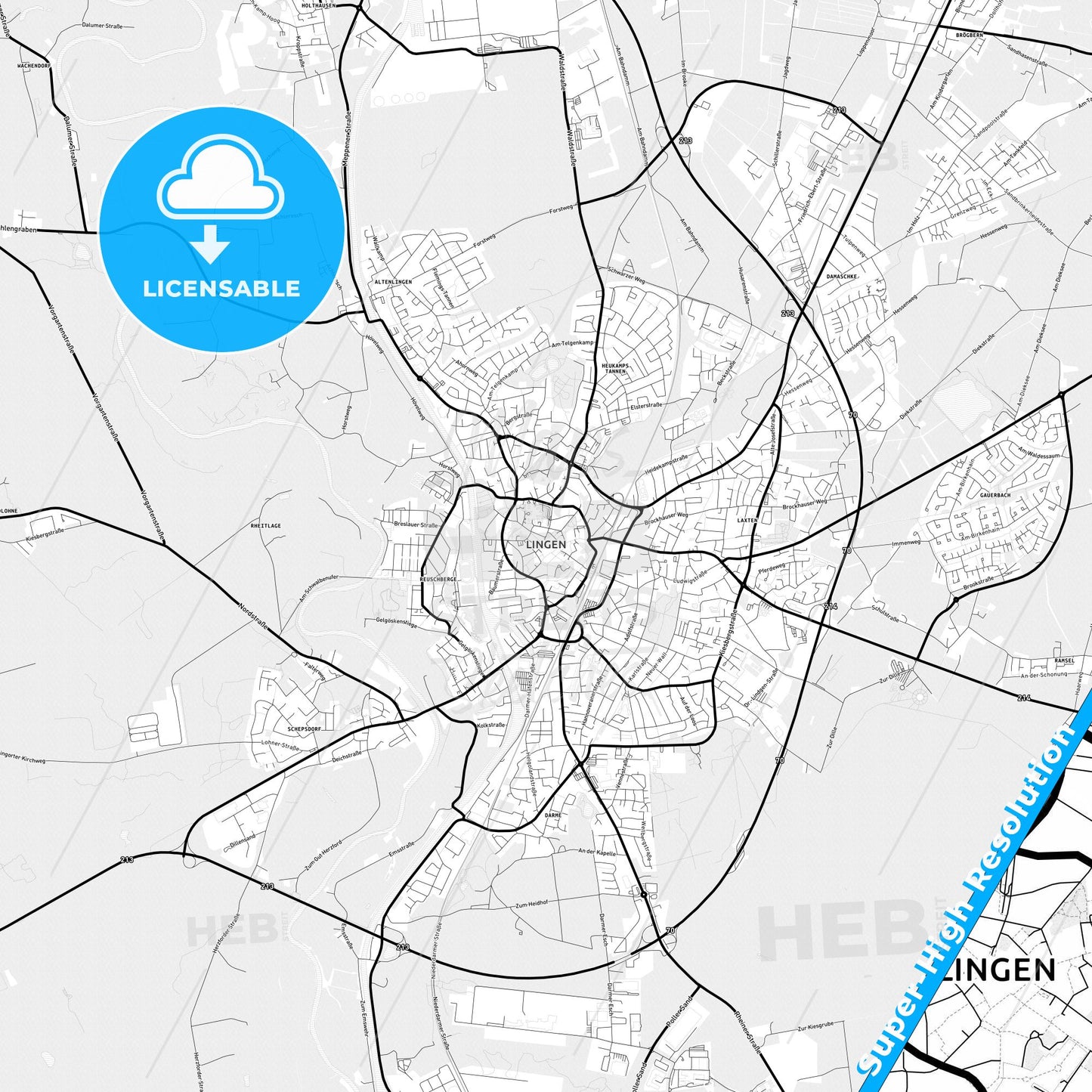 Lingen (Ems), Germany Light Map with Street Names, City Names, and Districts