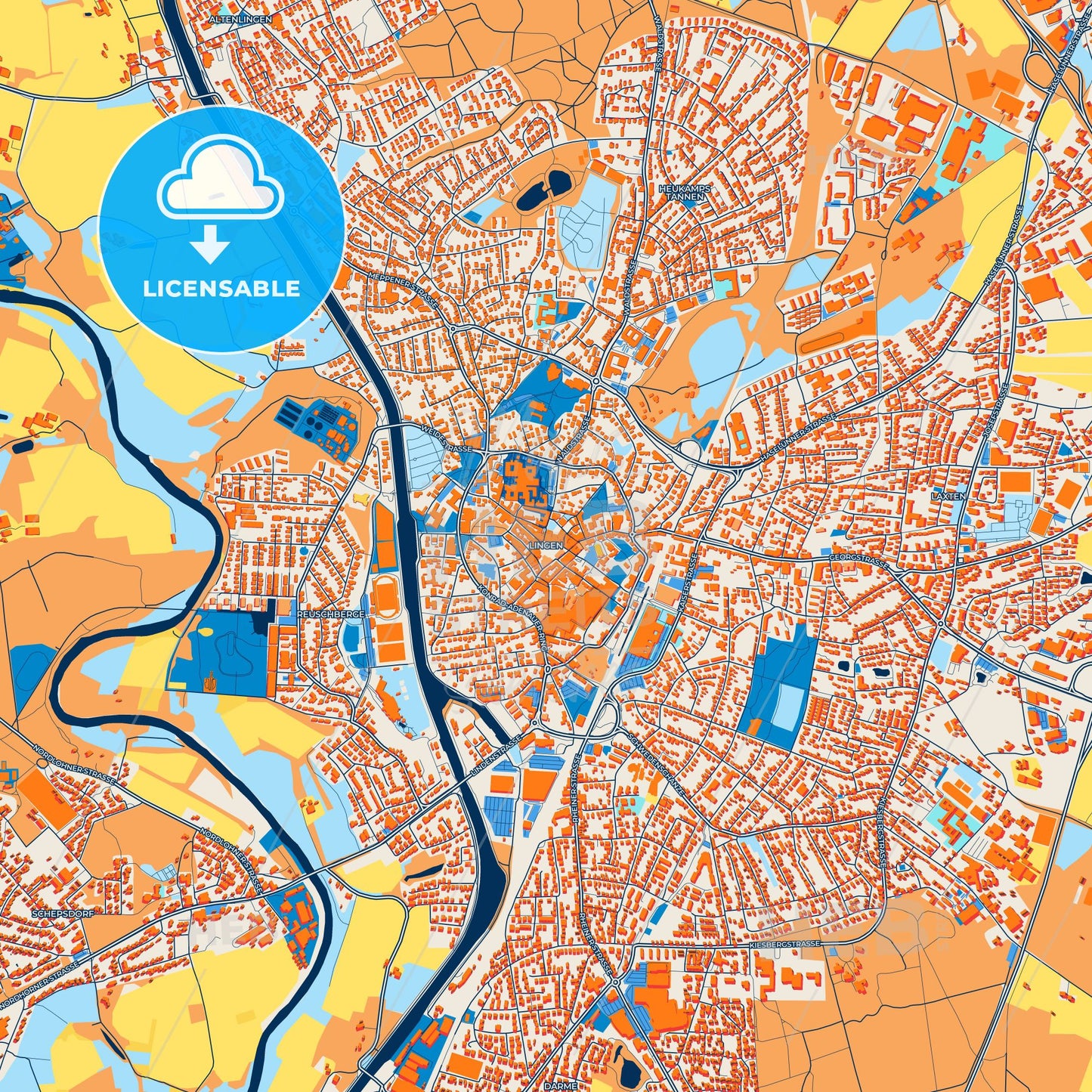 Colorful Lingen (Ems) Street Map with Labels and Buildings