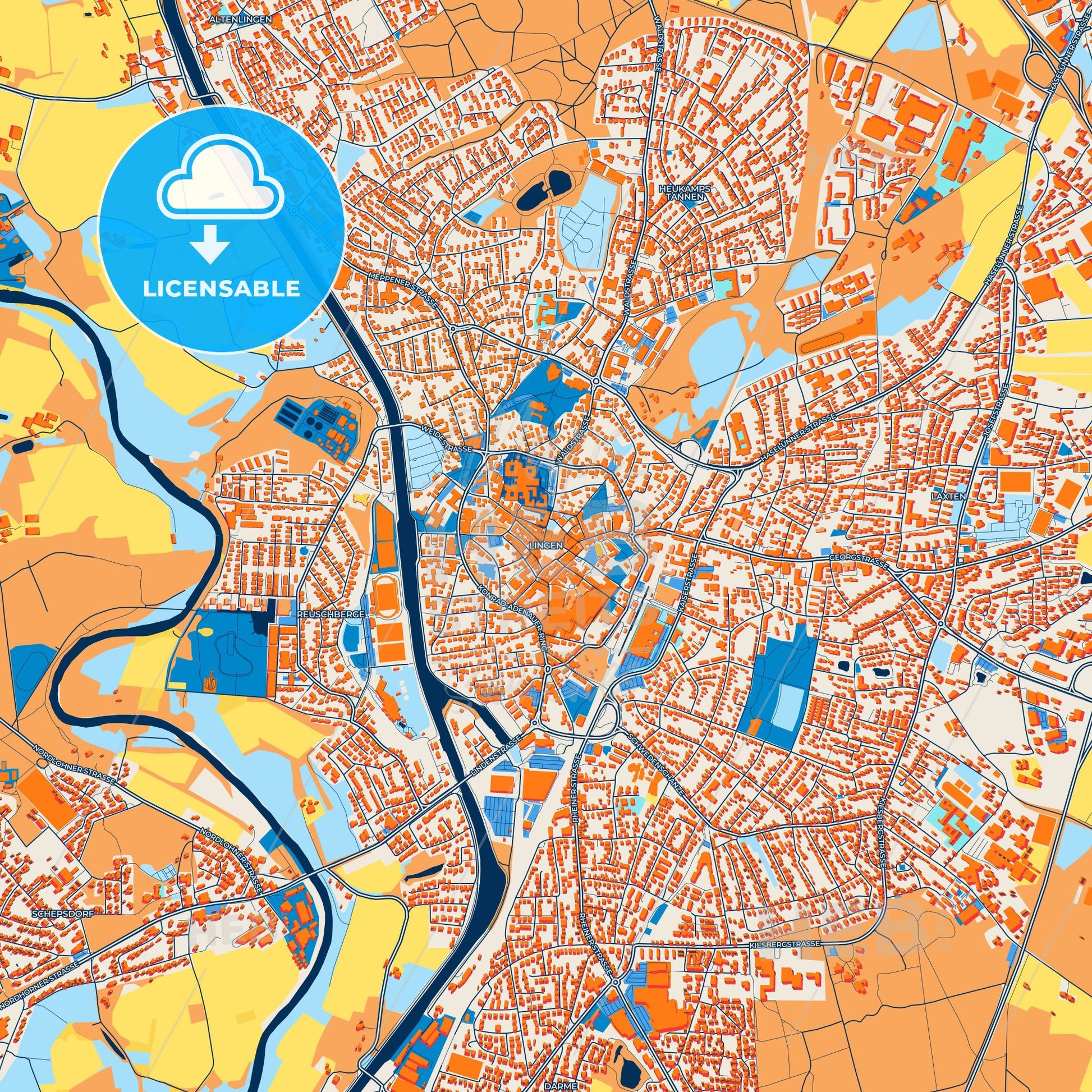 Colorful Lingen (Ems) Street Map with Labels and Buildings
