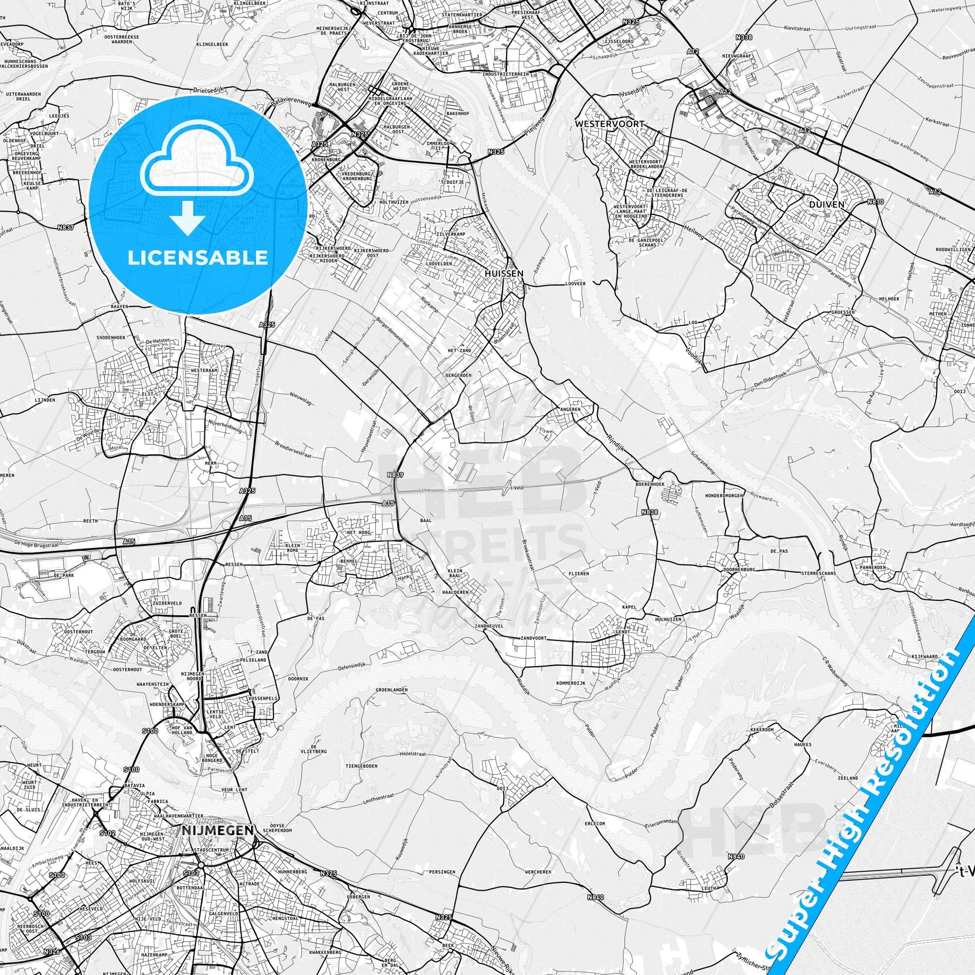 Lingewaard, Netherlands light map with streetnames, citynames and districts