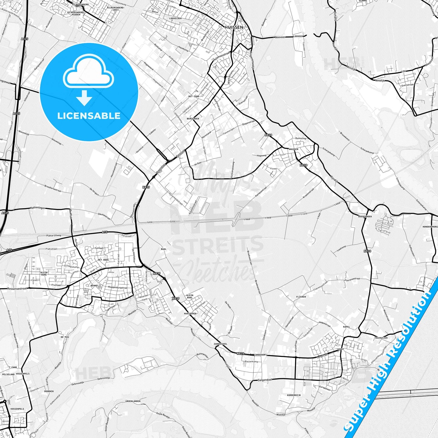 Lingewaard, Netherlands Light Map with Street Names, City Names, and Districts