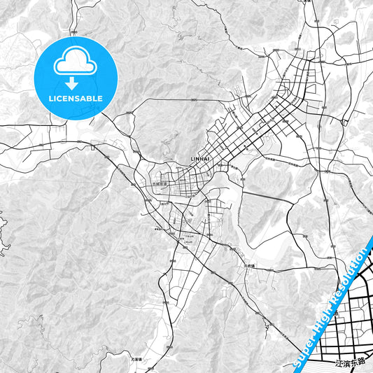 Linhai, China light map with streetnames, citynames and districts