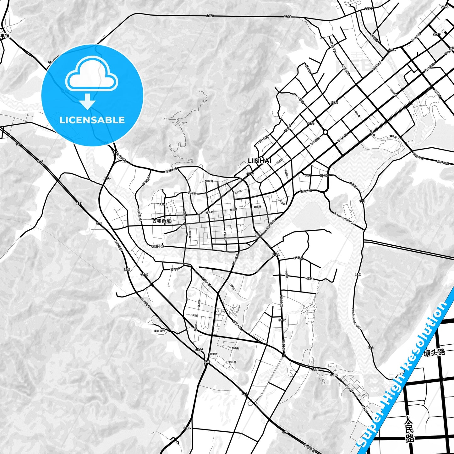 Linhai, China Light Map with Street Names, City Names, and Districts