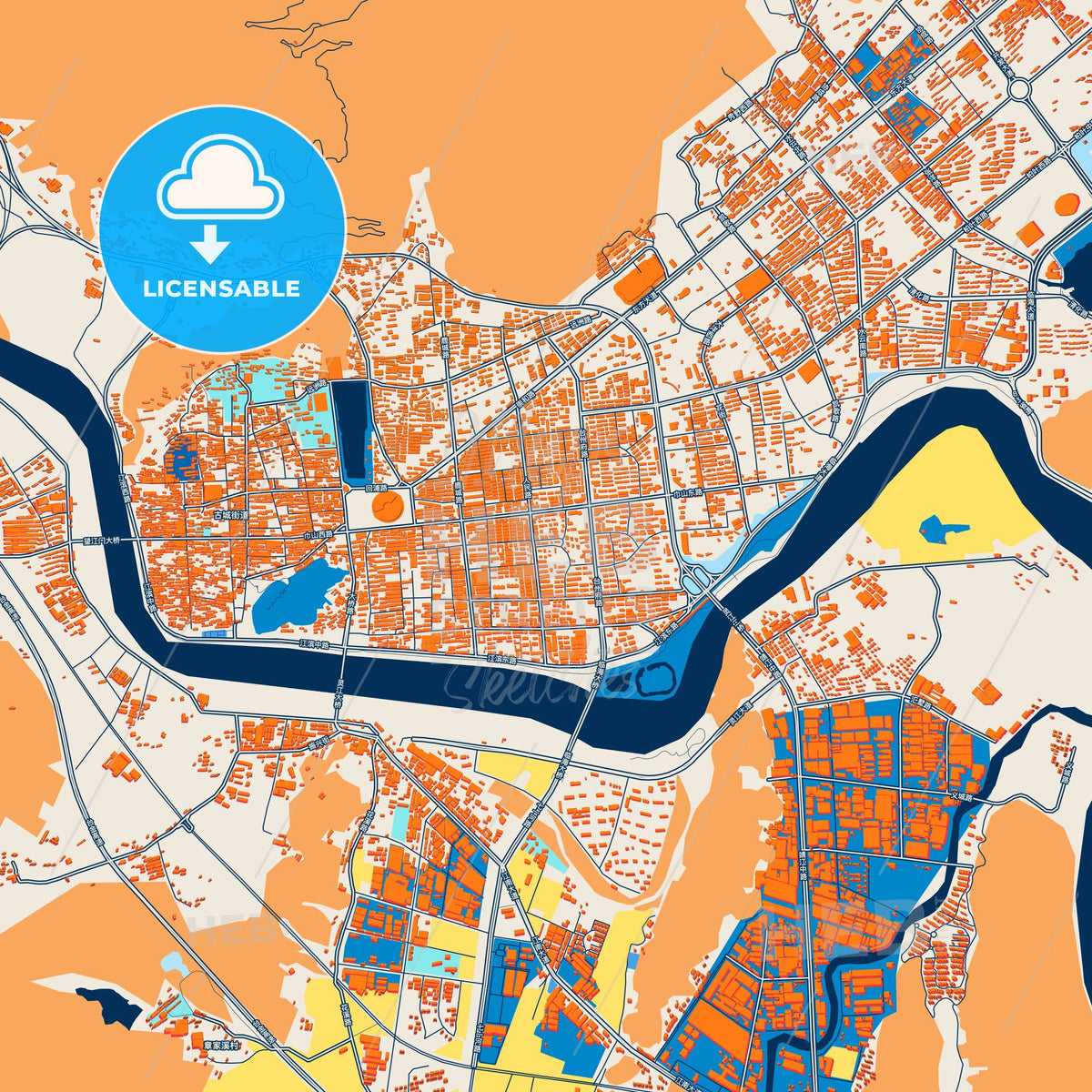 Colorful Linhai Street Map with Labels and Buildings