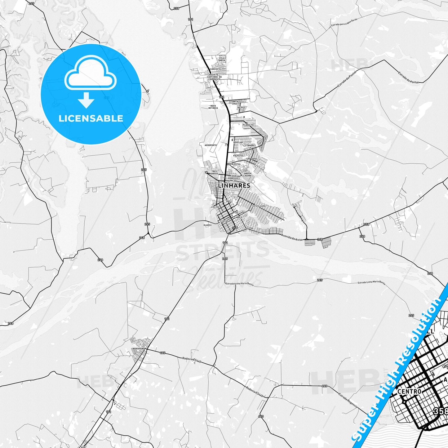 Linhares, Brazil light map with streetnames, citynames and districts