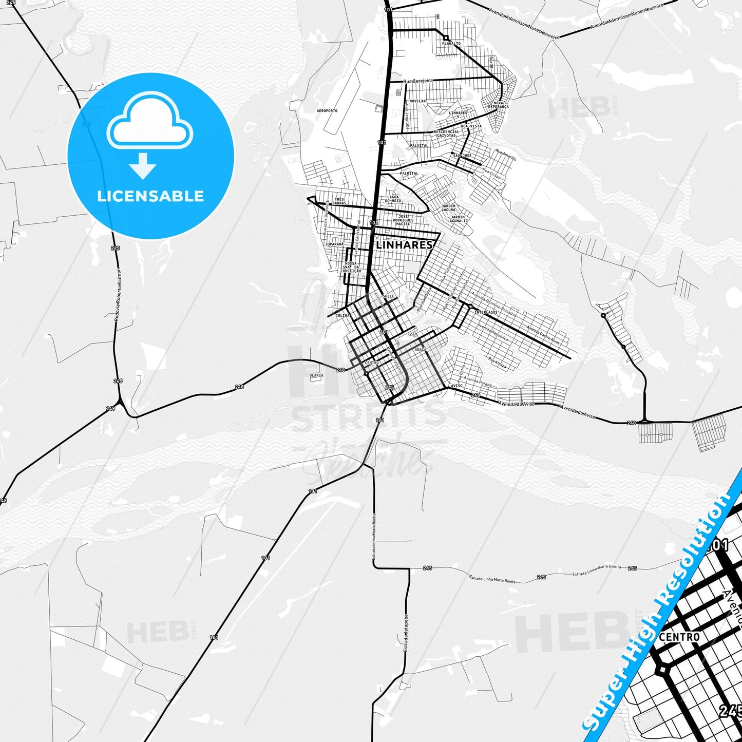 Linhares, Brazil Light Map with Street Names, City Names, and Districts