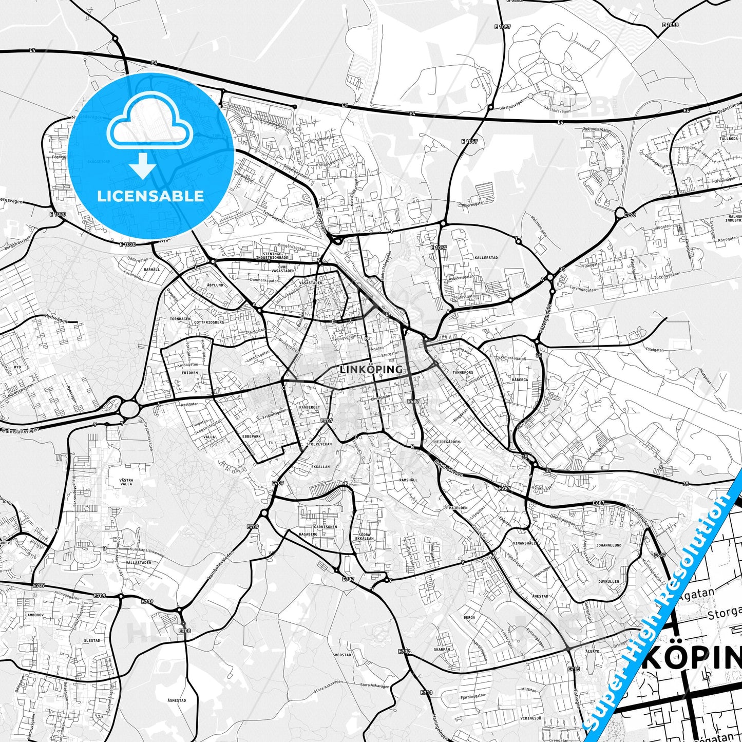 Linköping, Sweden Light Map with Street Names, City Names, and Districts