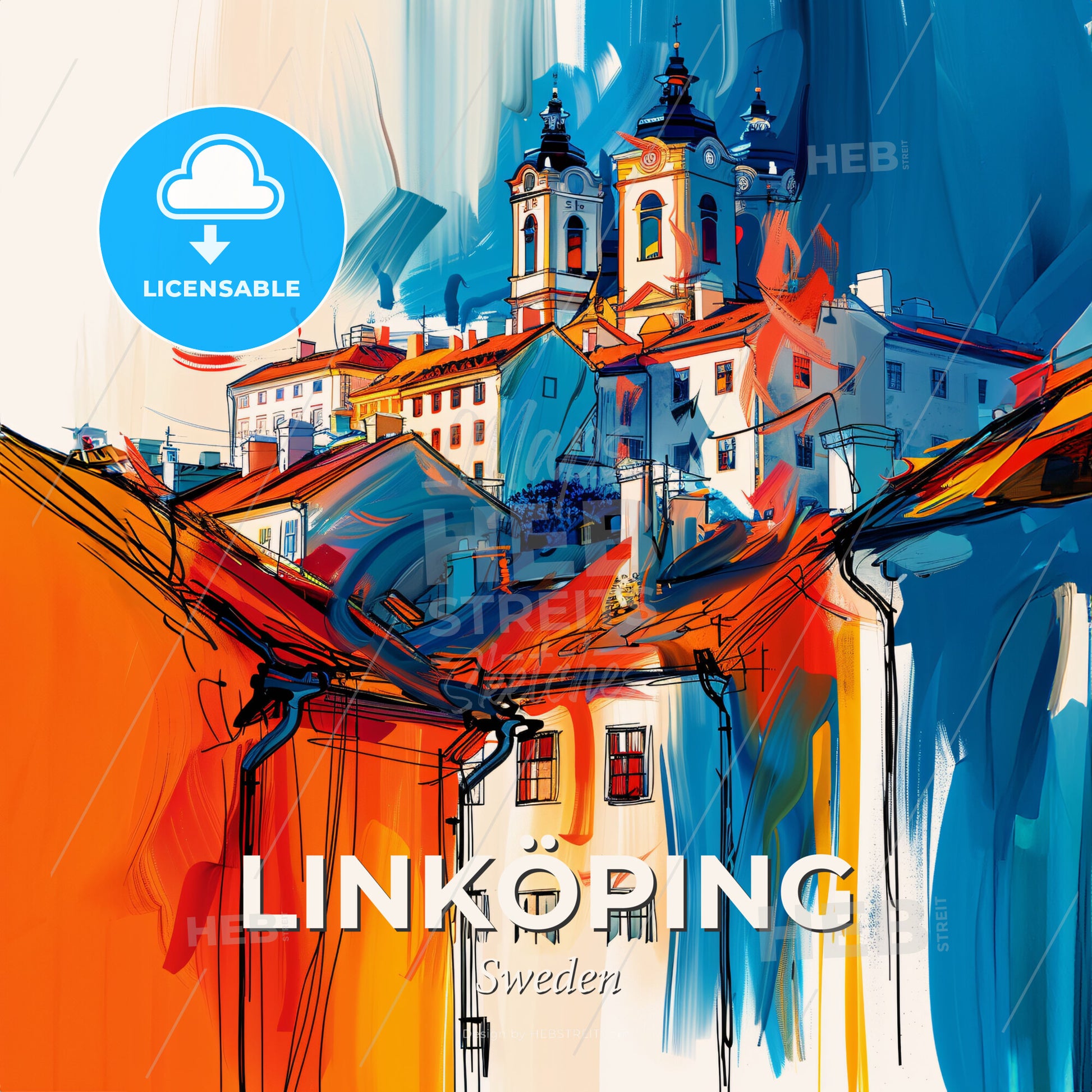 Vibrant Linköping, Sweden - A Painting Of A Building With A Tower - Square format print template