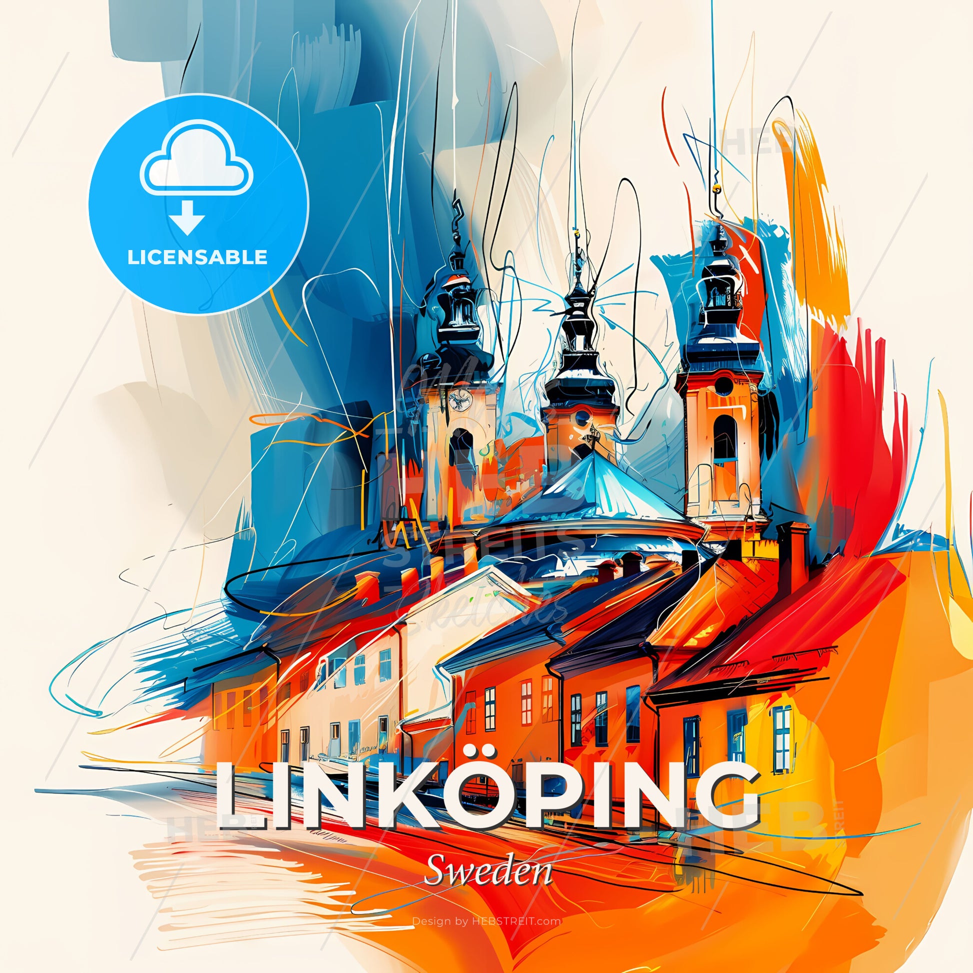 Vibrant Linköping, Sweden - A Painting Of A Building With Towers - Square format print template